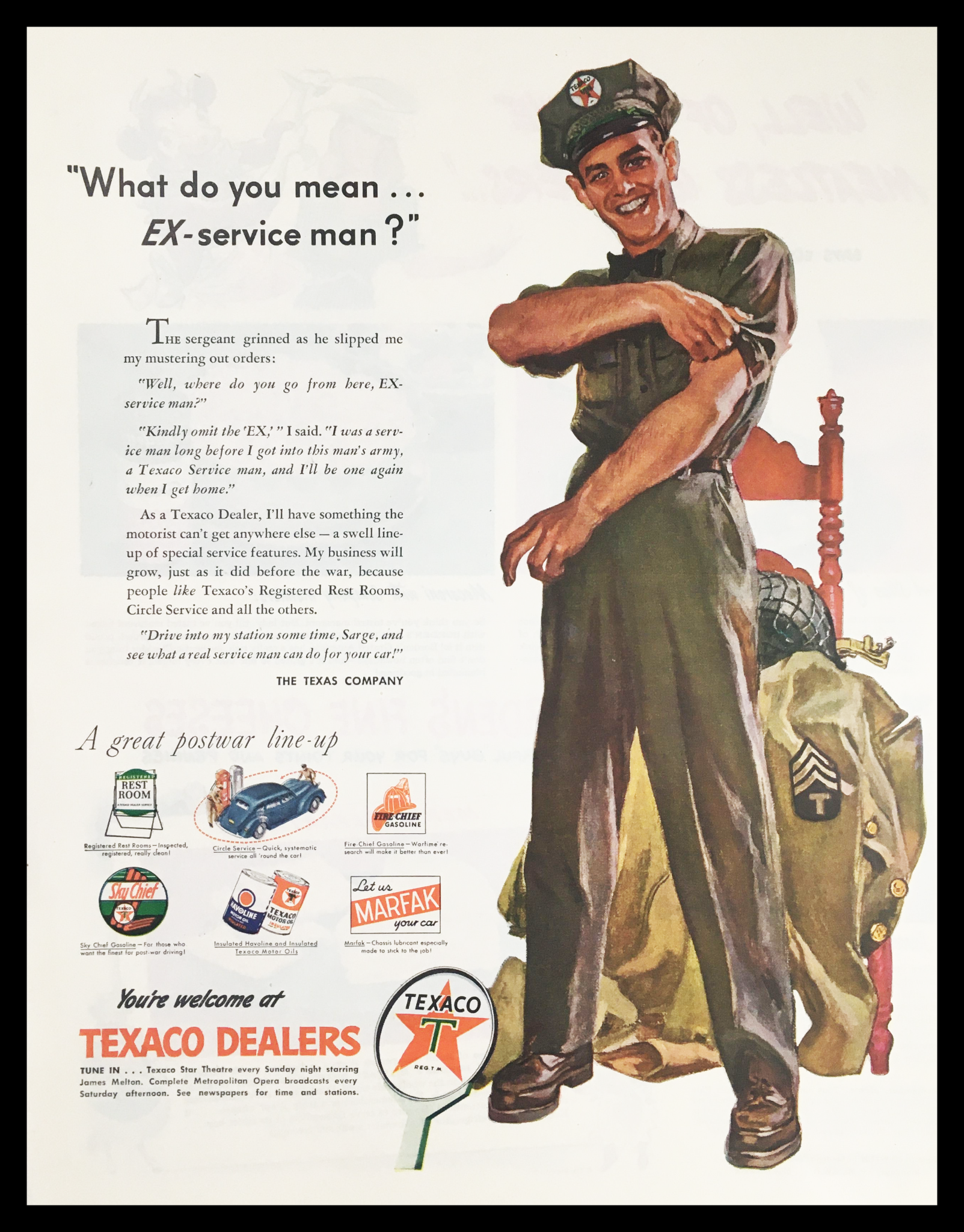 1945 Texaco Dealers Postwar Line-Up Vintage Print Ad