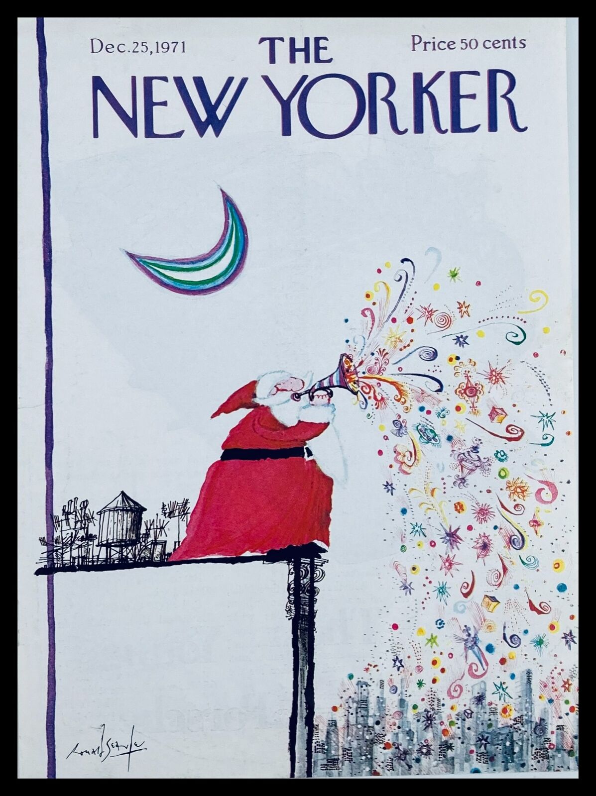 COVER ONLY The New Yorker December 25 1971 Santa & Horn by Ronald Searle