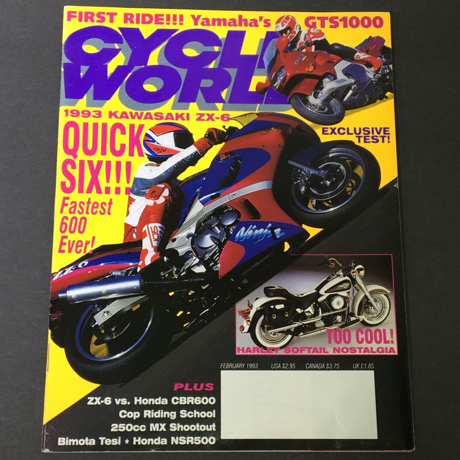 Cycle World Magazine February 1993 - Yamaha GTS1000 / Kawasaki ZX-6 / Honda CBR6