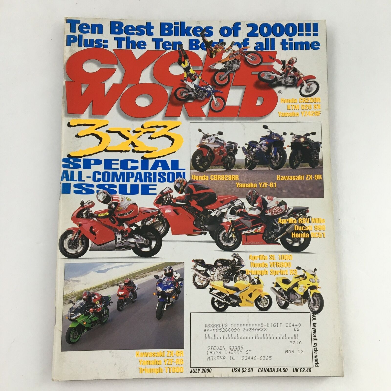 Cycle World Magazine July 2000 Honda CBR929RR & Yamaha YZF-R1 & Kawasaki ZX-9R