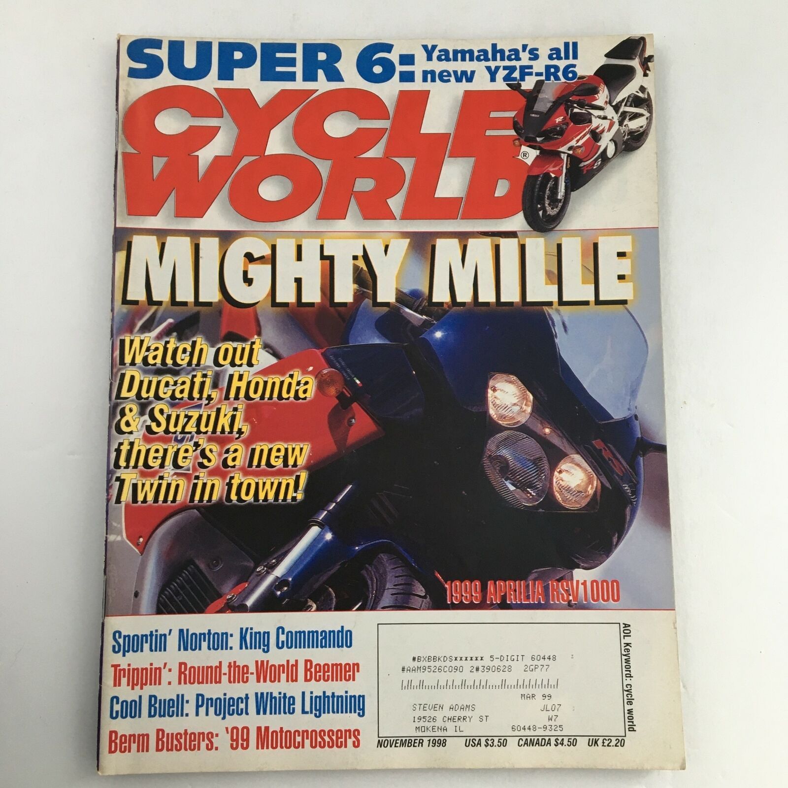 Cycle World Magazine November 1998 Aprilla RSV1000 & Norton King Commando, VG