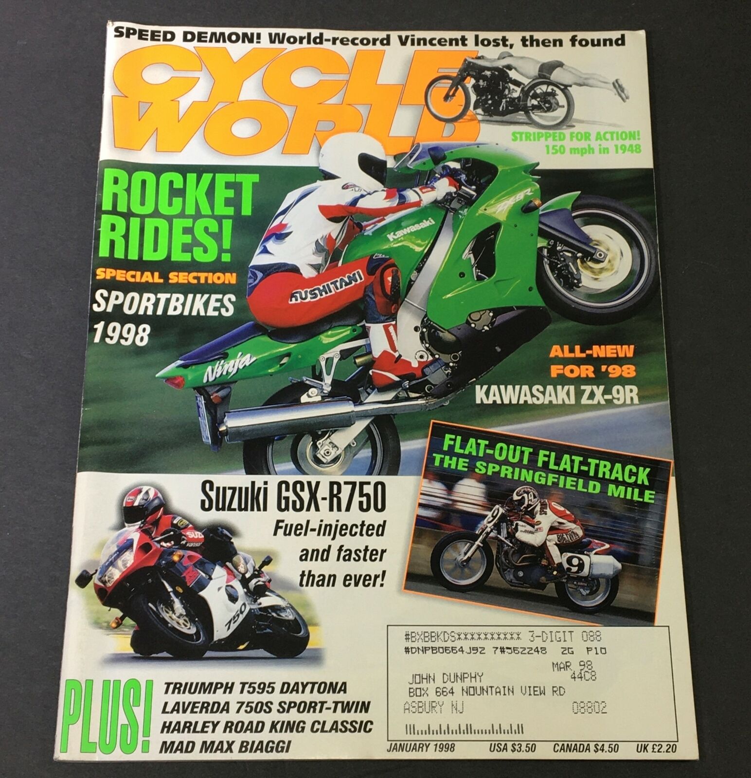 Cycle World Magazine January 1998 - Kawasaki ZX-XR / Suzuki GSX-R750 / T-T595