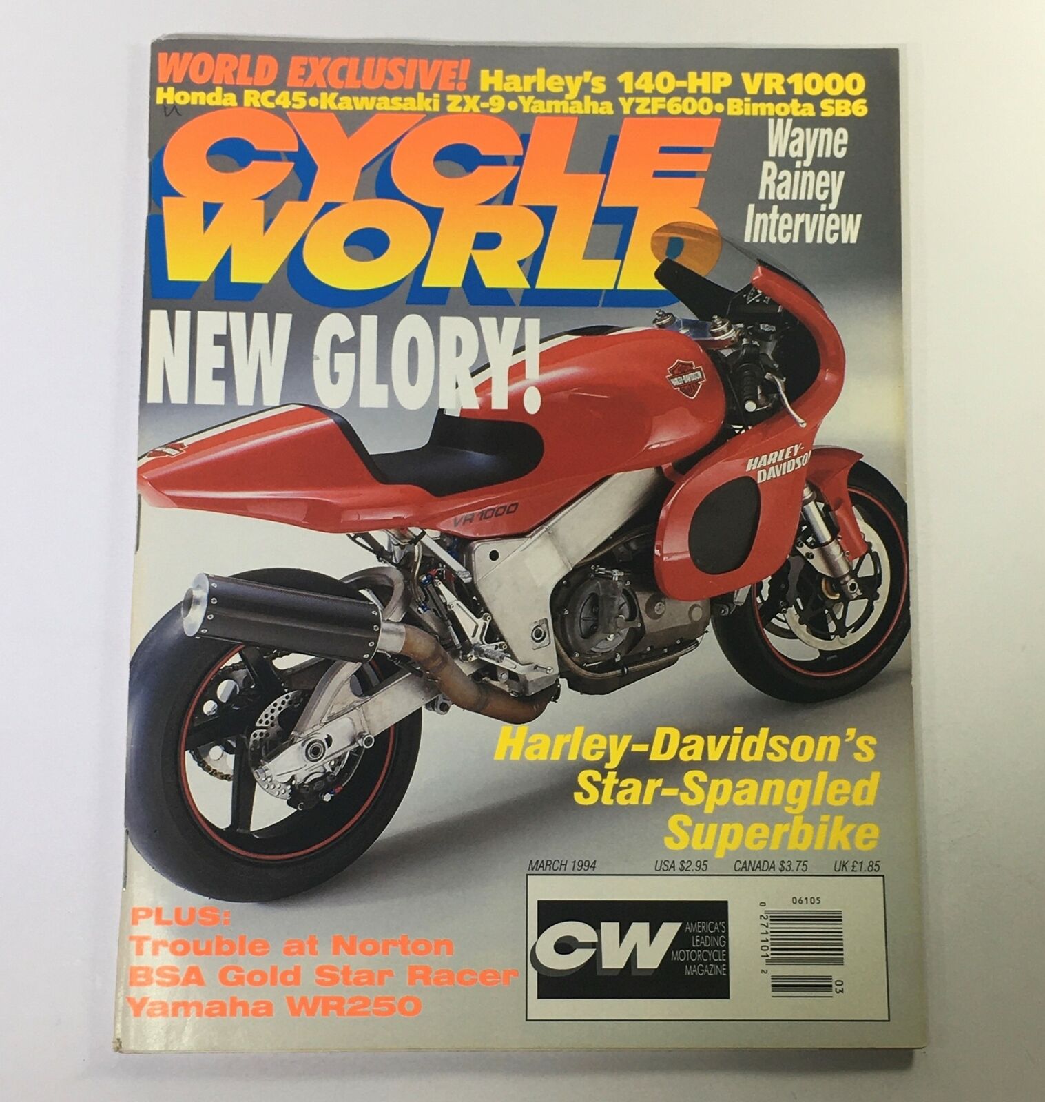 Cycle World Magazine March 1994 - Harley's VR1000 / Honda RC45 / Kawasaki ZX-9