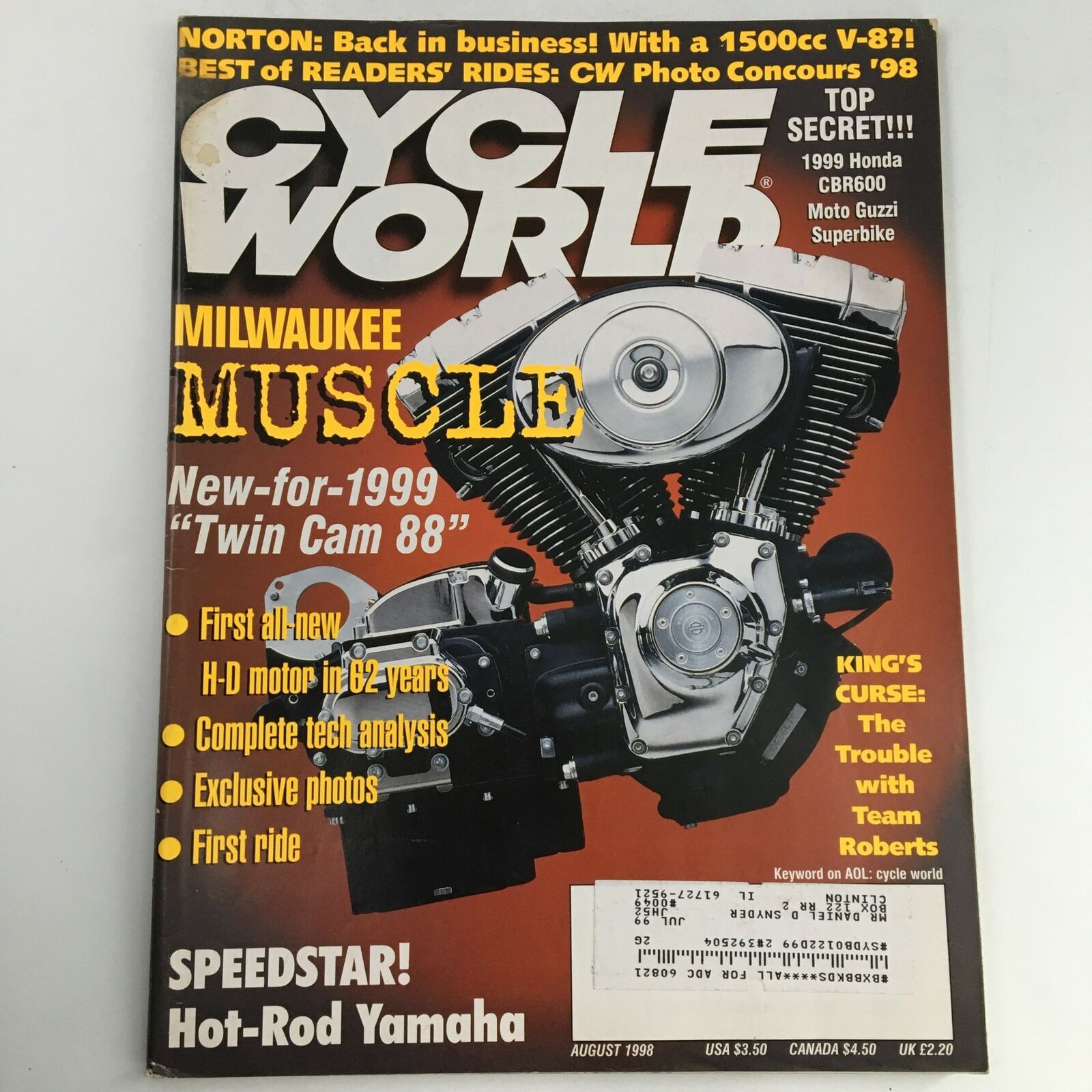 Cycle World Magazine August 1998 Honda CBR600 1999 & Motor Guzzi Superbike