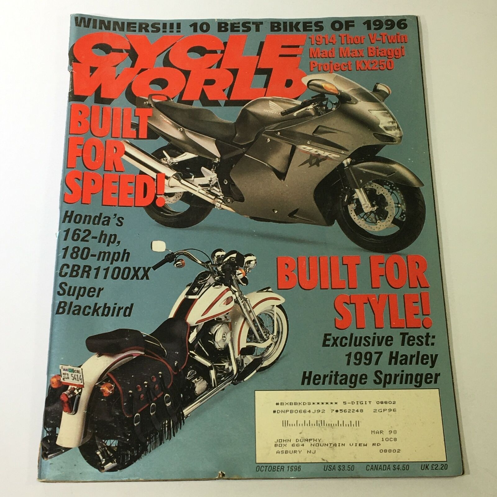 Cycle World Magazine October 1996 - Honda CBR1100XX / Thor V-Twin Project KX250