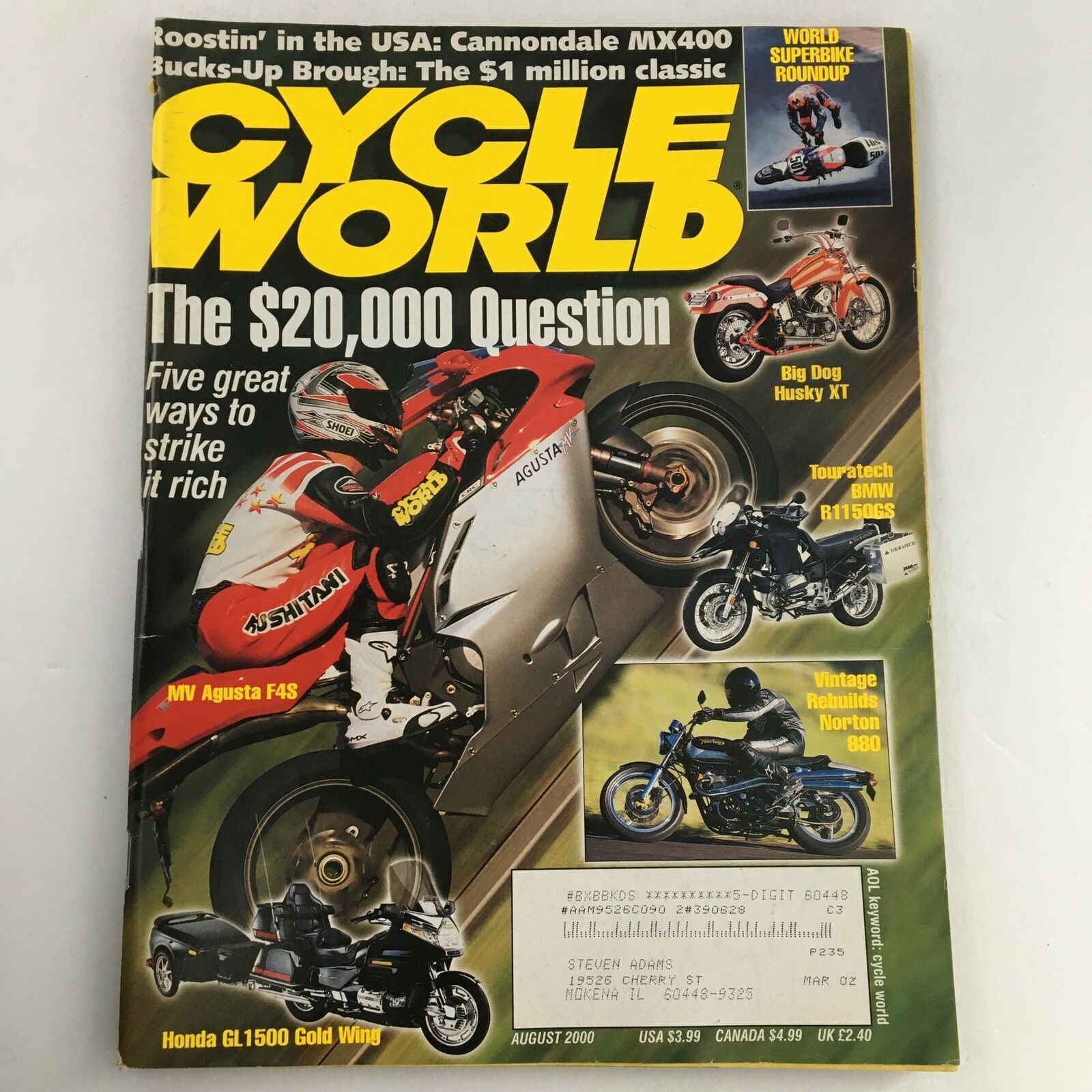 Cycle World Magazine August 2000 MV Agusta F4S & Honda GL1500 Gold Wing