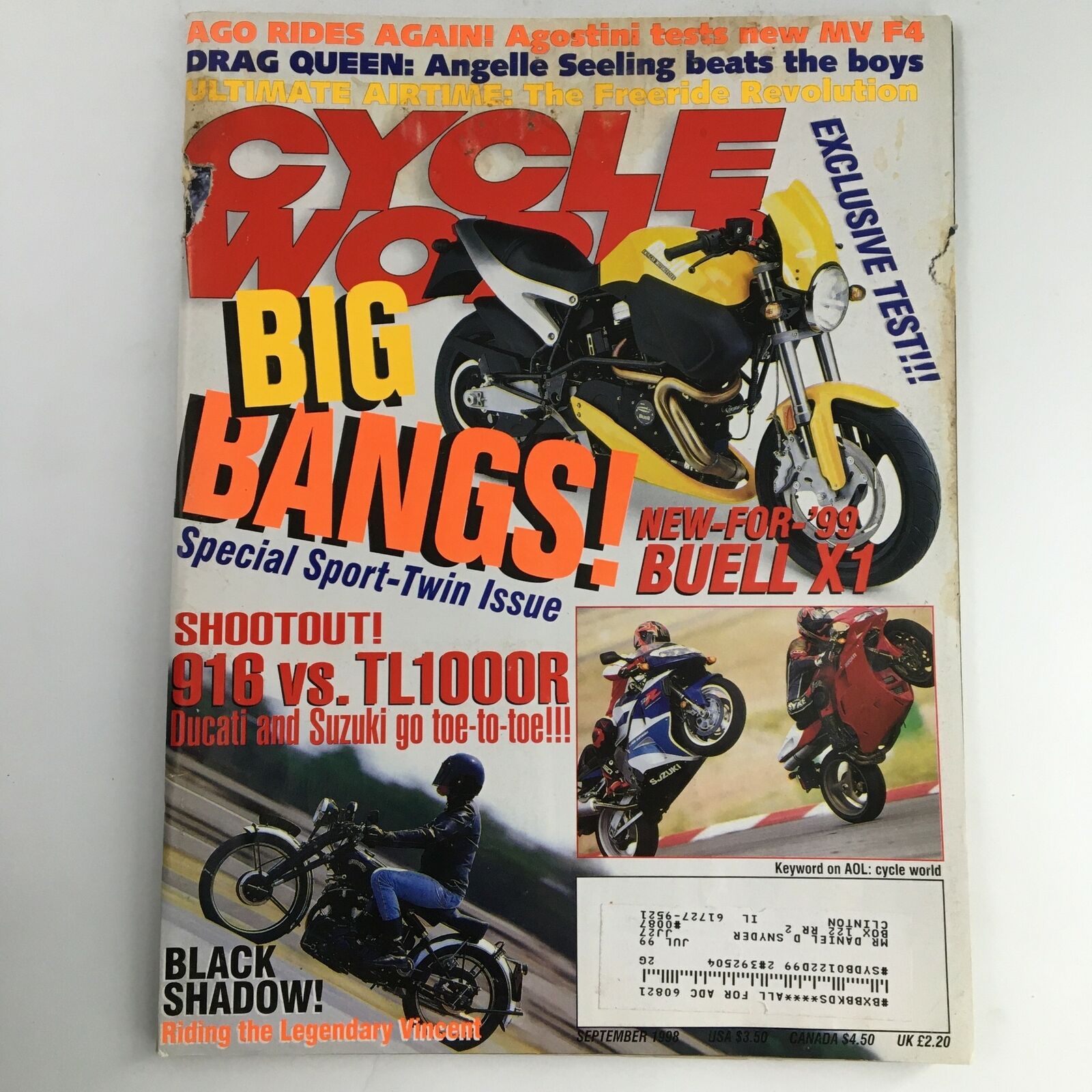 Cycle World Magazine September 1998 Ducati 916 vs Suzuki TL1000R & Buell X-1