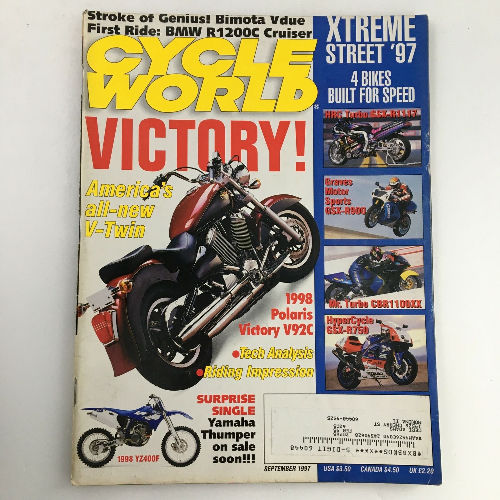 Cycle World Magazine September 1997 Bimota Vdue & BMW R1200C Cruiser & Xtreme 97