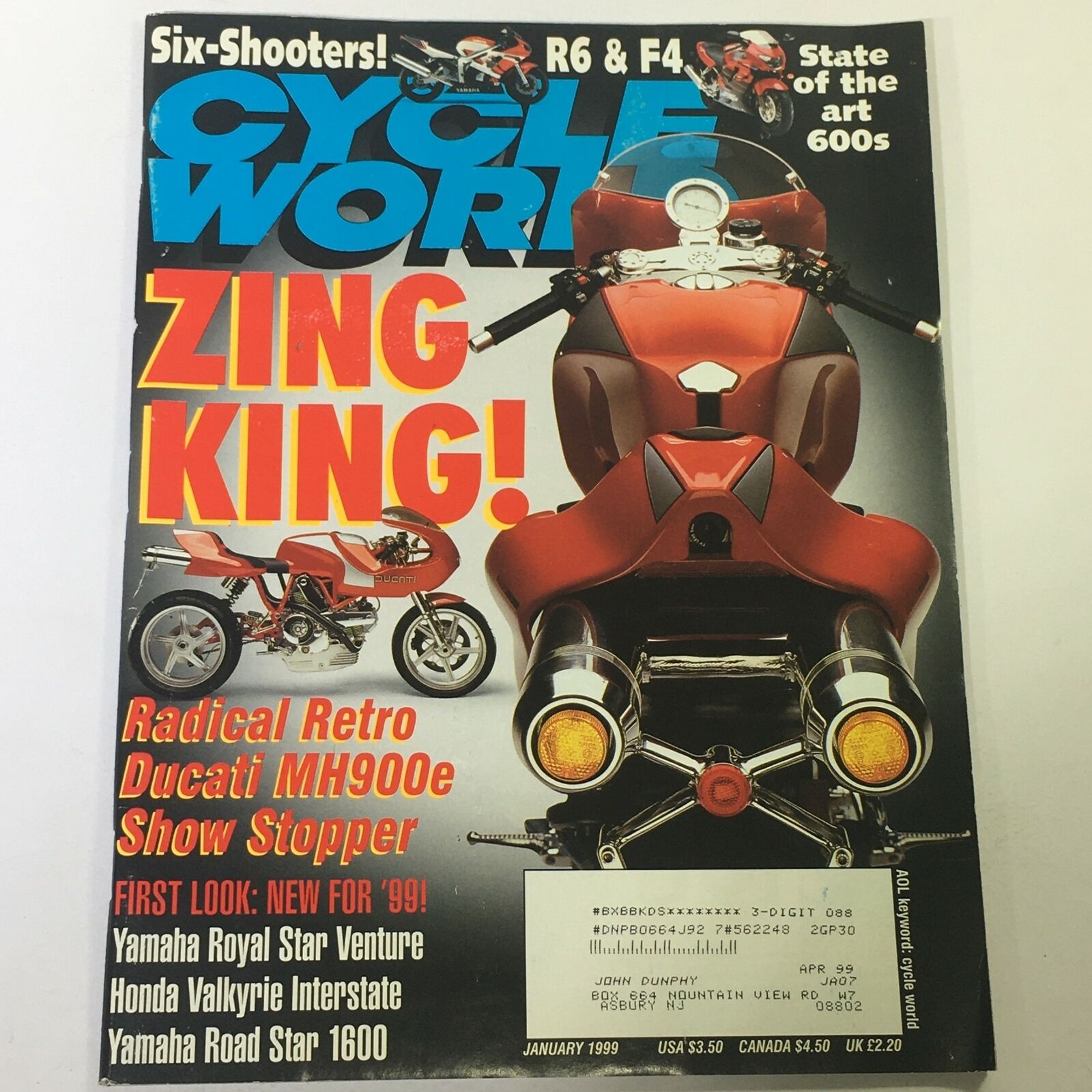 Cycle World Magazine January 1999 - Yamaha R6 & F4 / Ducati MH900e Show Stopper