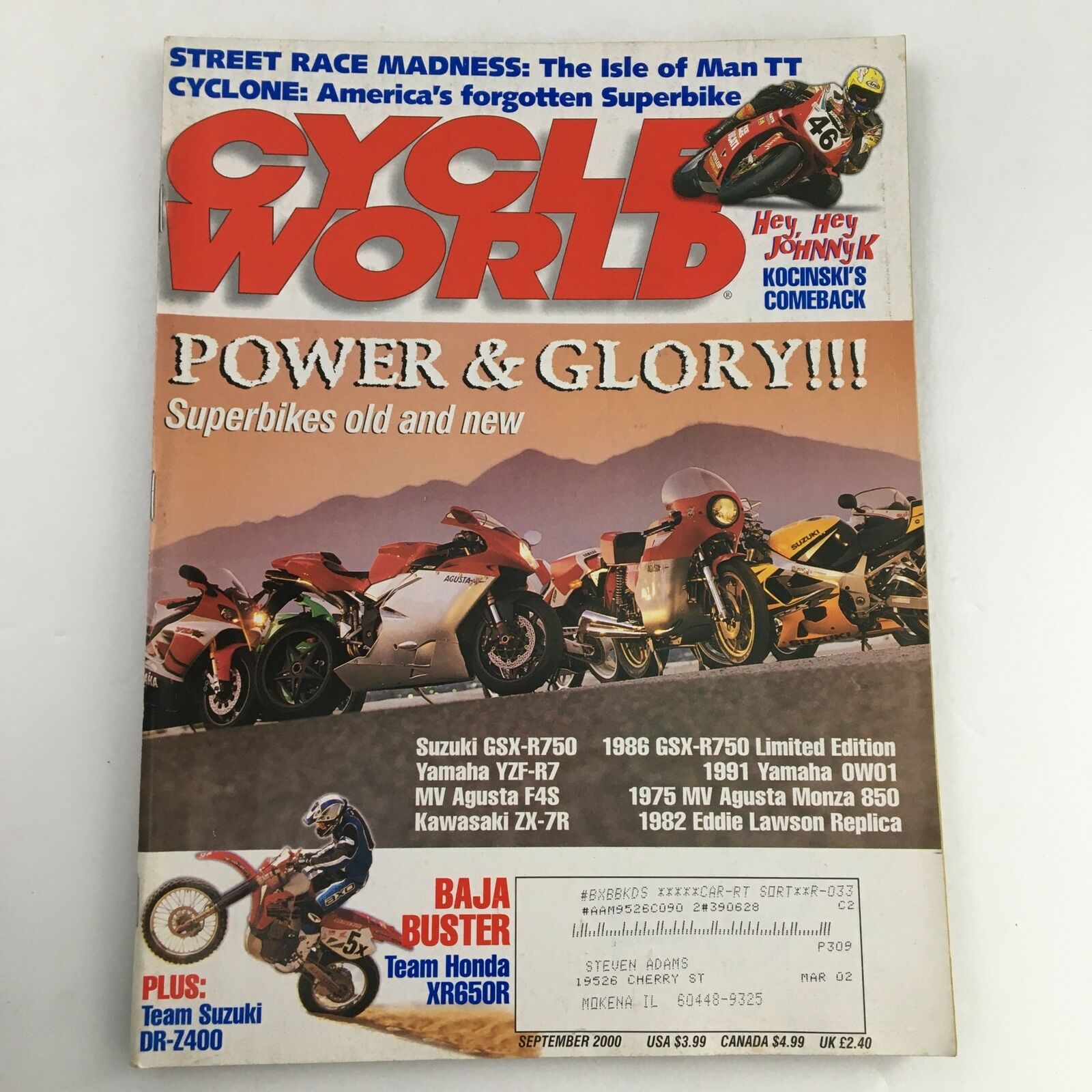 Cycle World Magazine September 2000 Johnny Kocinki & Suzuki GSX-R750, VG