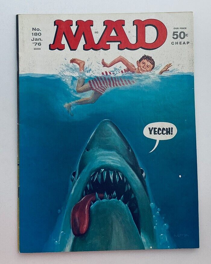 Cover of Mad Magazine, January 1976, Issue No. 180, featuring 'Jaws: A Mad Movie Satire,' in fine condition (6.0 FN)