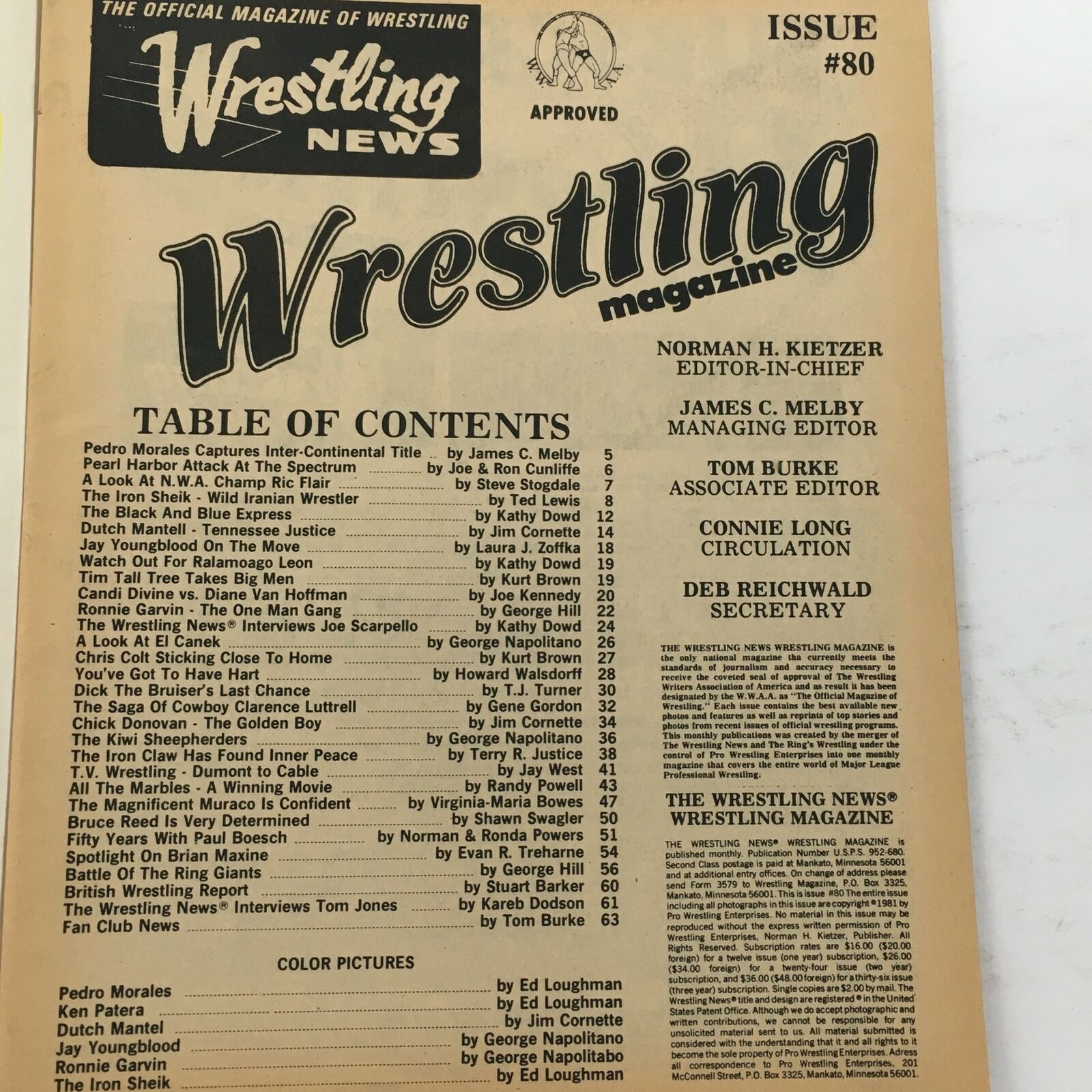Wrestling Magazine #80 1981 showcasing the table of contents featuring key articles about Pedro Morales, Ken Pantera, and Dutch Mantell, reflecting the wrestling culture of the early 1980s.