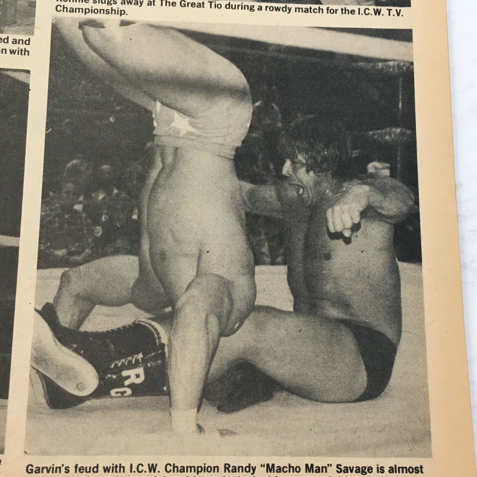 Action shot from Wrestling Magazine #80, 1981 depicting Randy 'Macho Man' Savage in a heated match, highlighting the intense rivalries in professional wrestling.