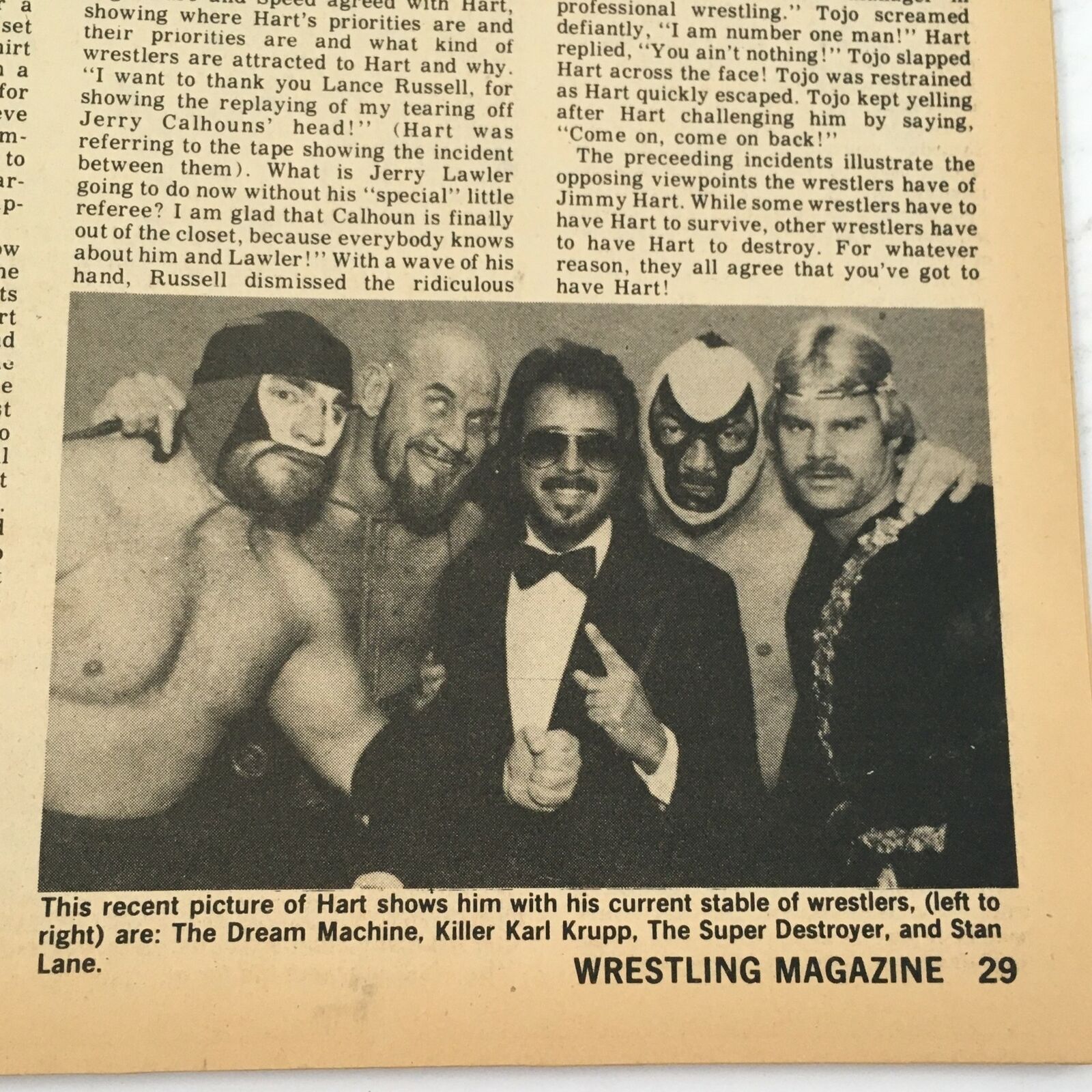 Image from Wrestling Magazine #80, 1981 showing a group of wrestlers including The Dream Machine, Killer Karl Krupp, and The Super Destroyer, along with their manager Jimmy Hart.