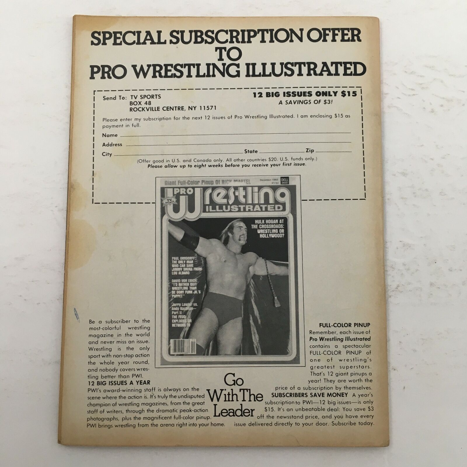 Inside Wrestling Magazine February 1983 Hulk Hogan or Ken Pantera Plus Bob Orton