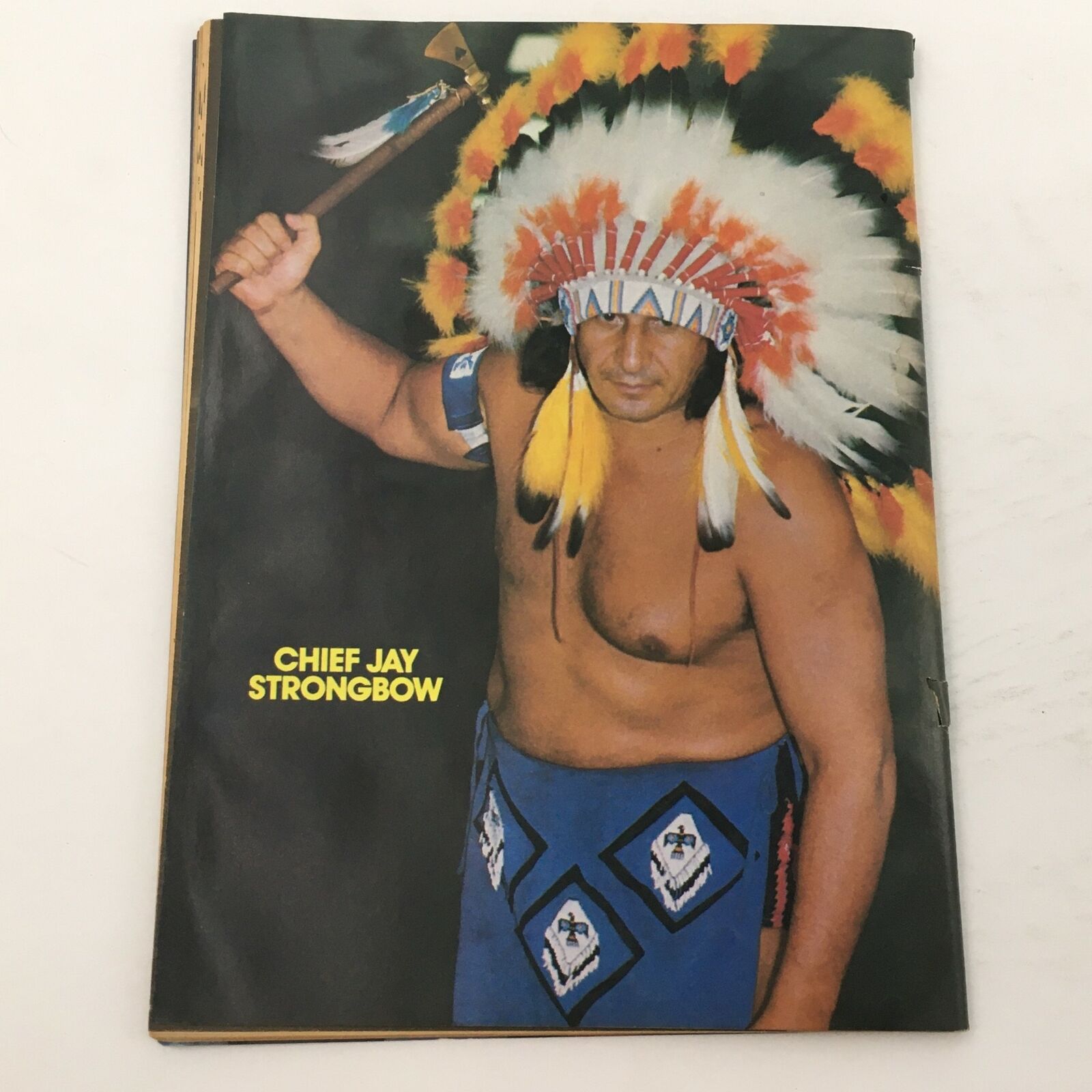 Wrestling World Magazine Summer 1982 cover featuring Chief Jay Strongbow in traditional Native American attire. This vintage magazine highlights the wrestling career of Strongbow along with notable features.