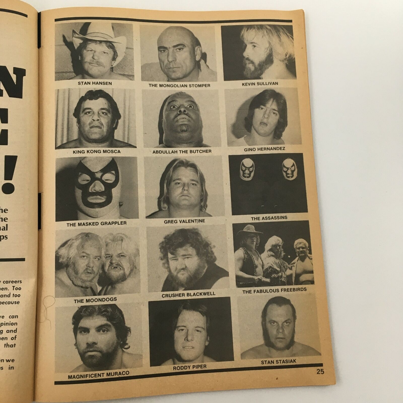 Page from Sports Review Wrestling Magazine Fall 1981 featuring notable wrestlers including Greg Valentine, The Fabulous Freebirds, Roddy Piper, and others, showcasing photographs of these iconic figures in professional wrestling.