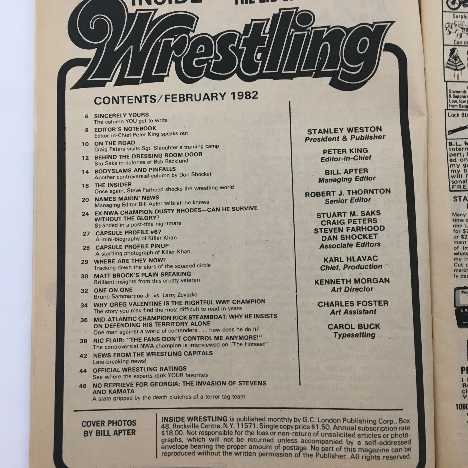 Inside Wrestling Magazine February 1982 Greg Valentine & NWA Champ Dusty Rhodes