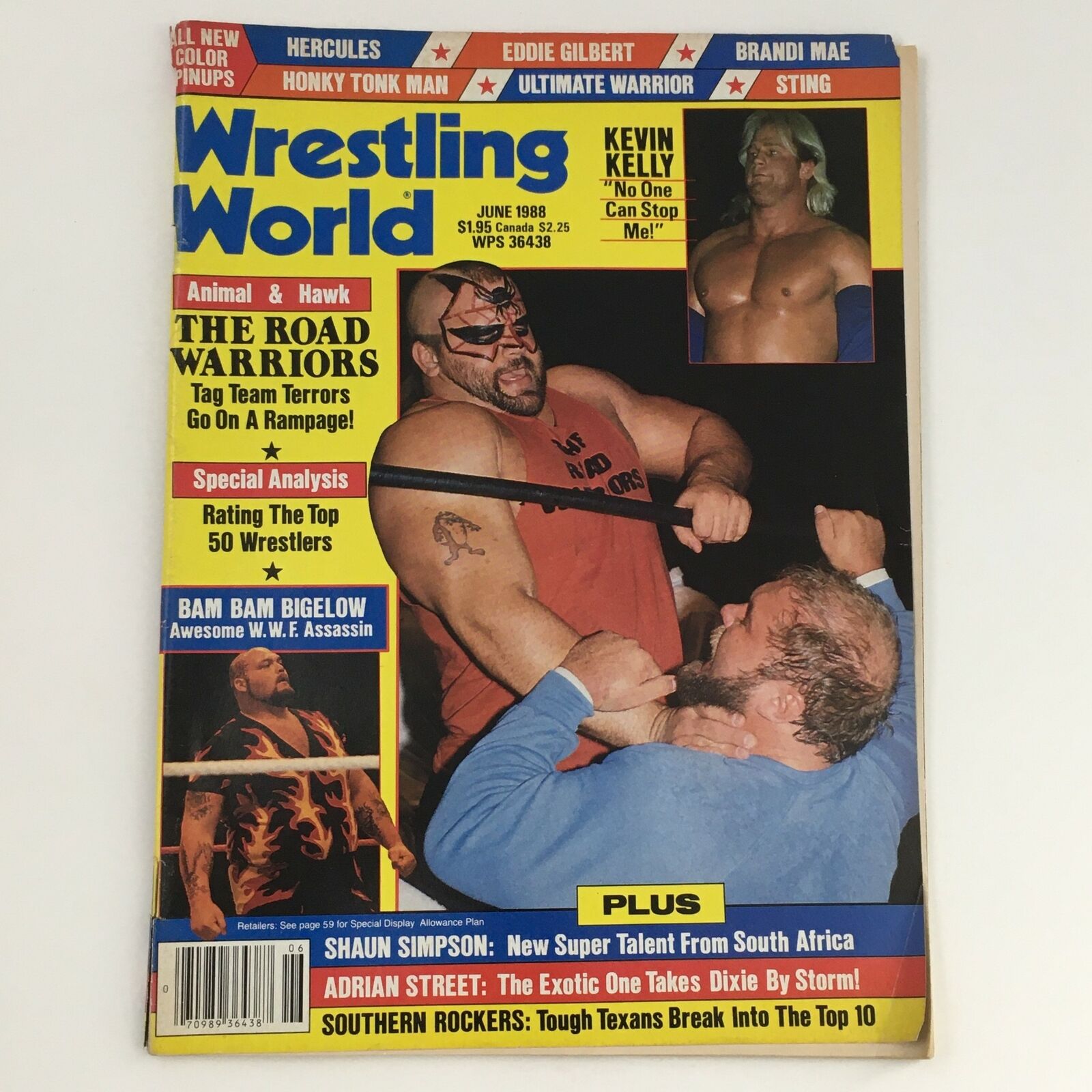 Wrestling World Magazine June 1988 featuring Kevin Kelly and Bam Bam Bigelow on the cover, showcasing wrestling highlights and articles from that era.