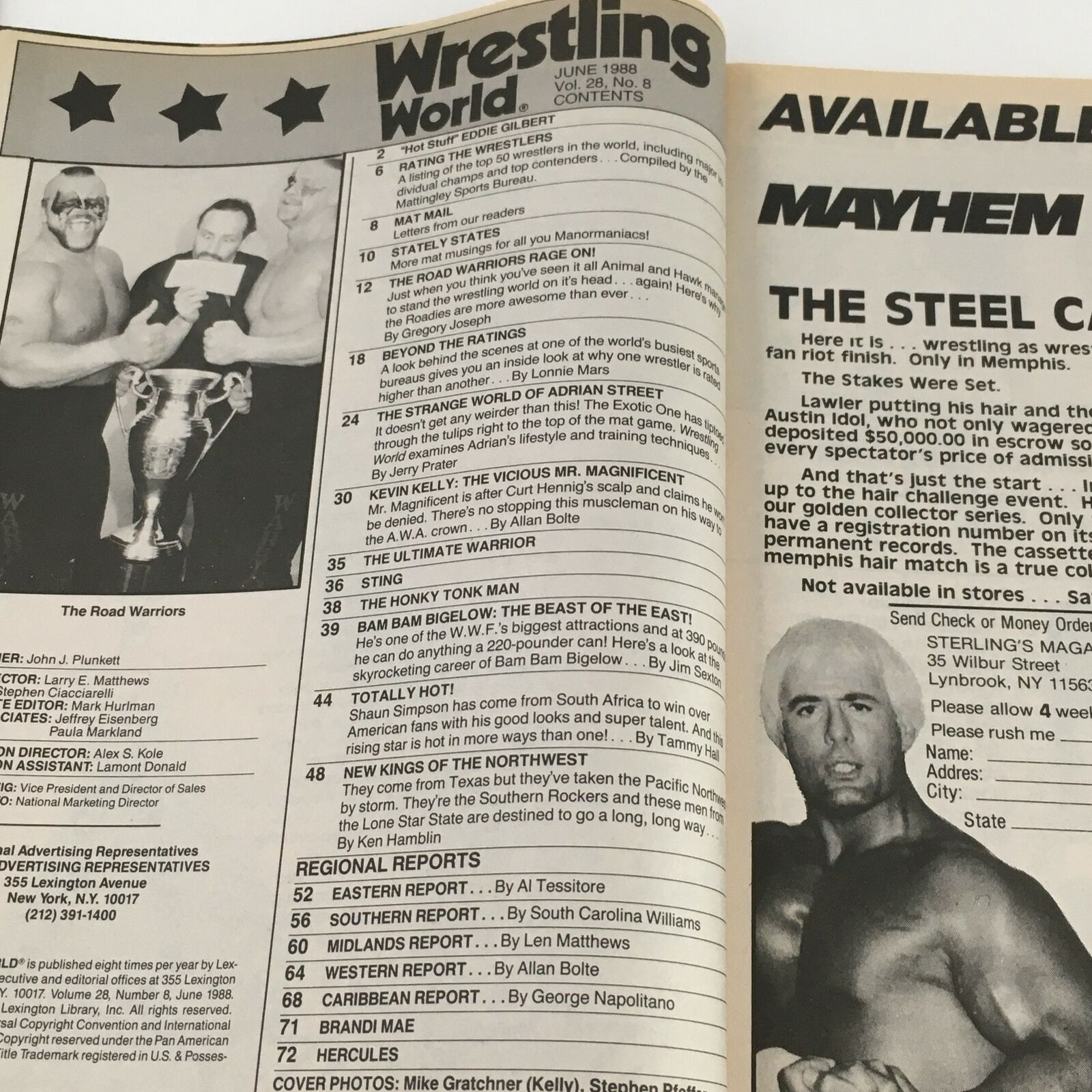 Interior page of Wrestling World Magazine June 1988, featuring a contents list and images of wrestlers including the Road Warriors.