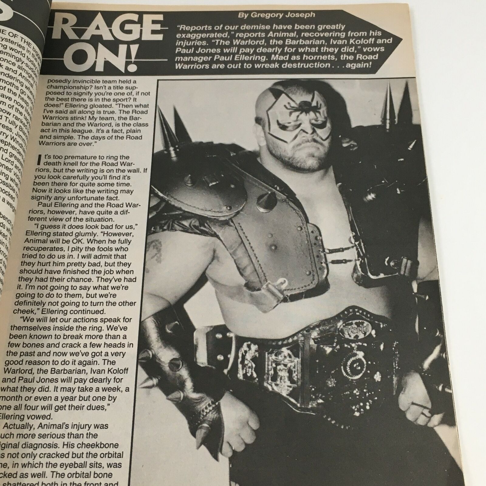 Feature article page from Wrestling World Magazine June 1988, showcasing the Road Warriors and their championship story.