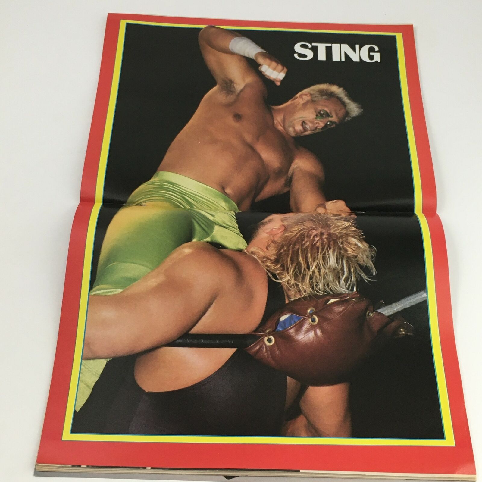 Centerfold image from Wrestling World Magazine June 1988 featuring wrestler Sting in action during a match.