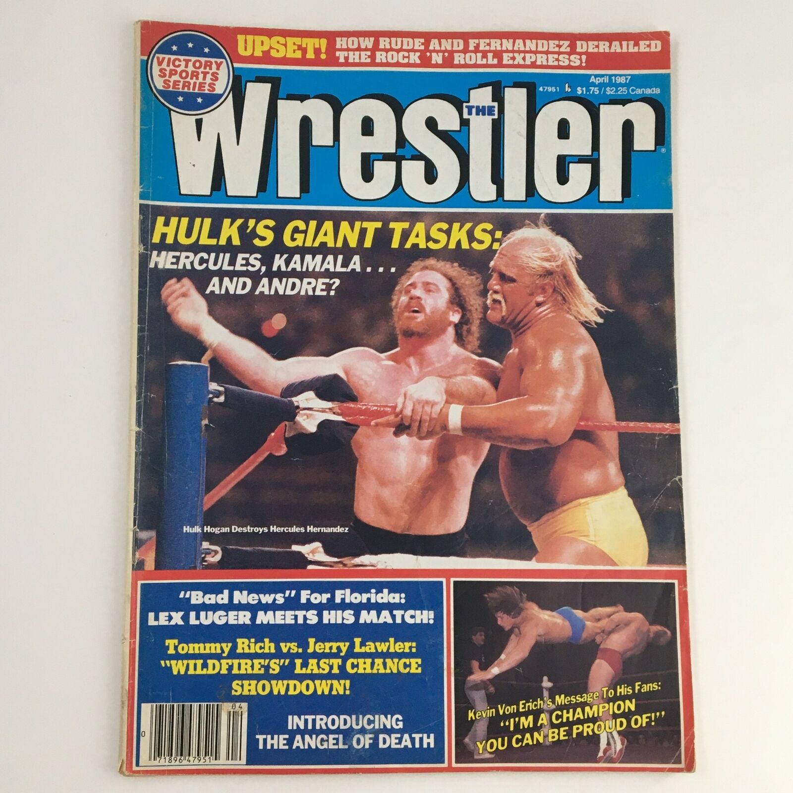 Cover of The Wrestler Magazine April 1987 featuring Hulk Hogan in action against Hercules Hernandez, showcasing a pivotal moment in wrestling history with attention-grabbing headlines and visuals.