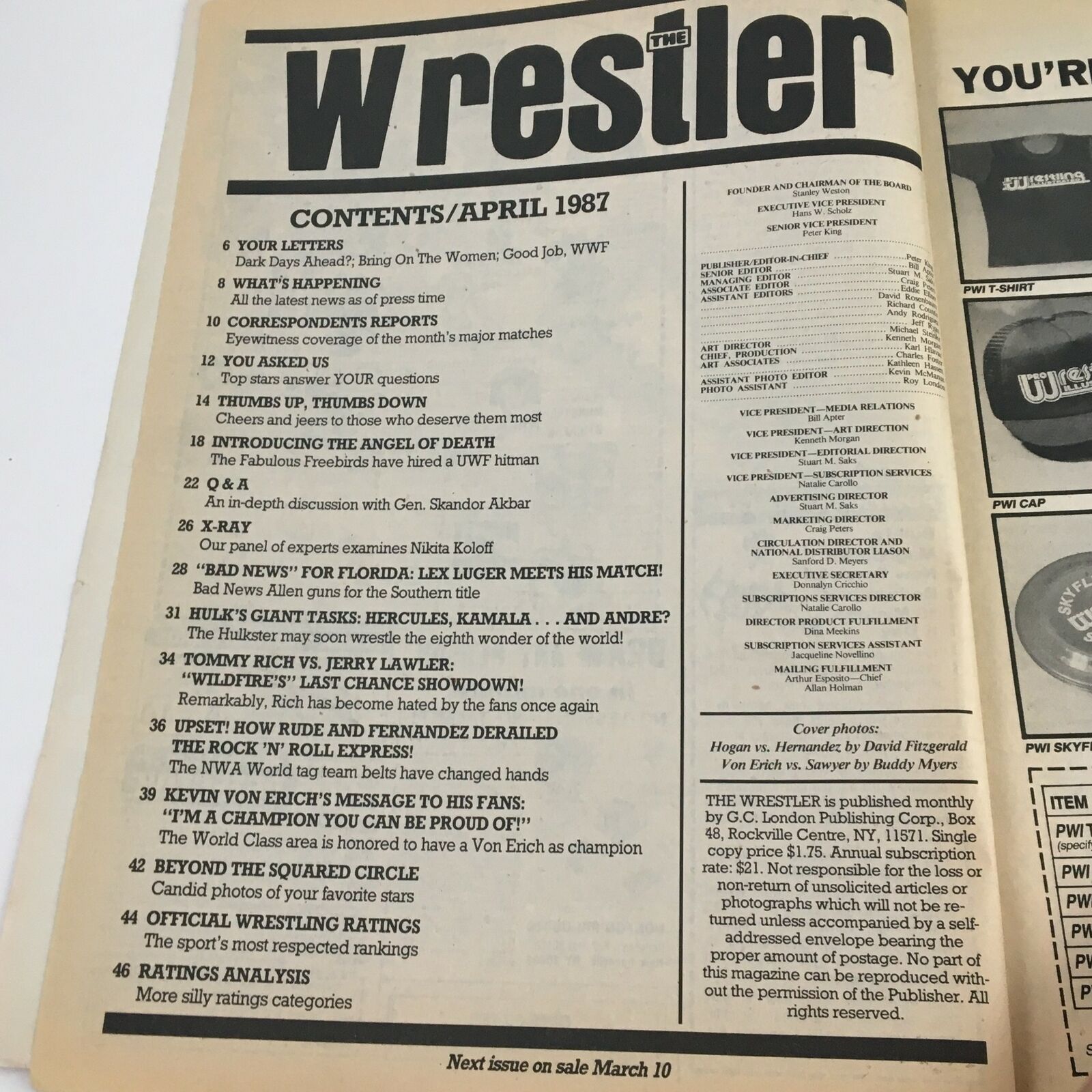Table of contents from The Wrestler Magazine April 1987, showcasing featured articles such as Hulk Hogan vs Hercules Hernandez, and upcoming wrestling events.