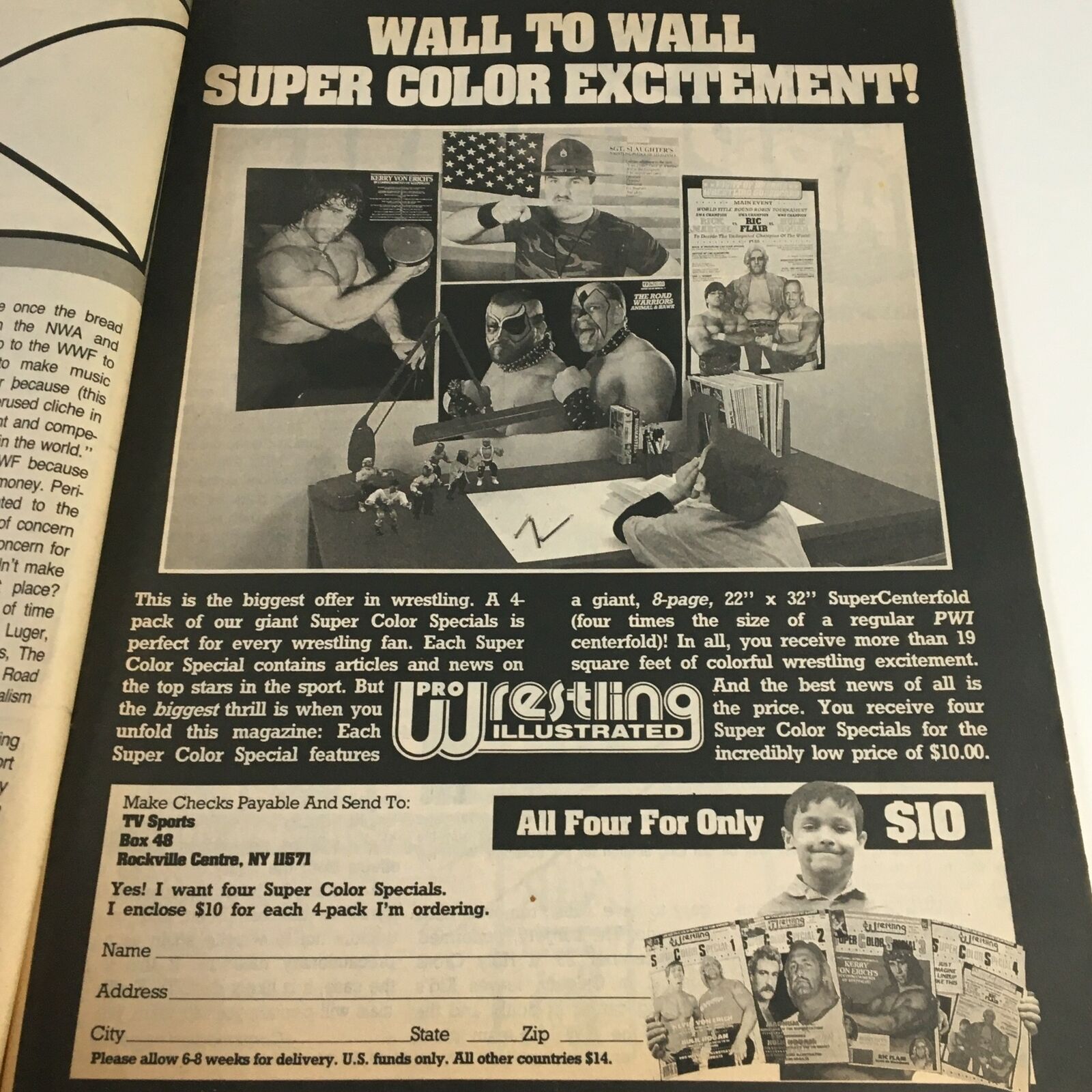 Advertisement for Super Color Specials inside The Wrestler Magazine April 1987, highlighting wrestling fan offers and colorful promotions.