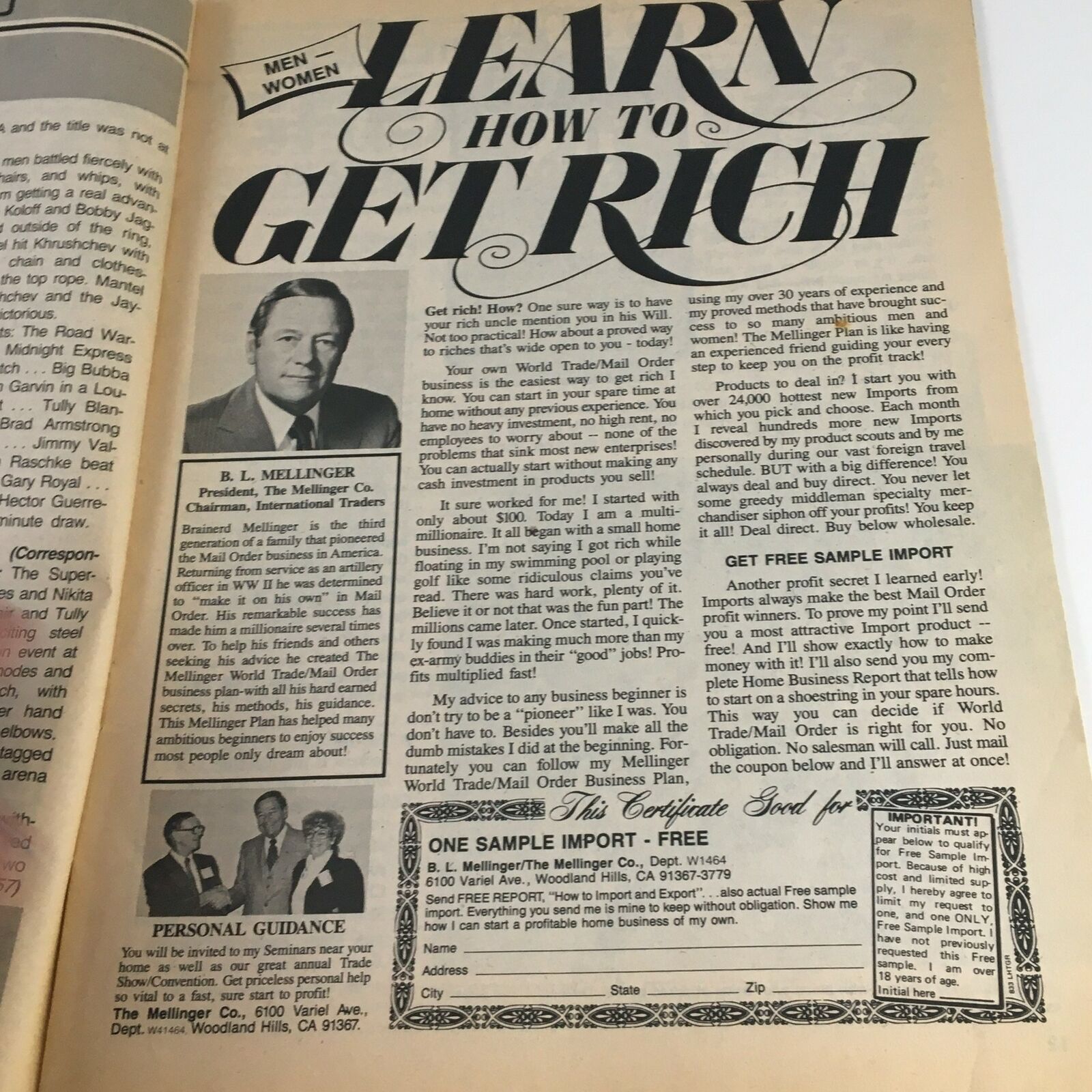 Promotional page in The Wrestler Magazine April 1987, featuring B. L. Mellinger with advice on entrepreneurship and getting rich.