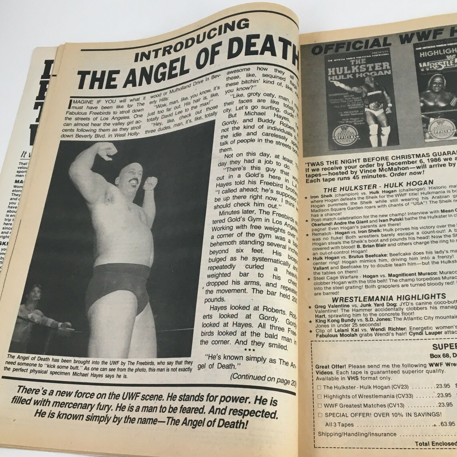Introduction of The Angel of Death in The Wrestler Magazine April 1987, detailing his character and impact in professional wrestling.