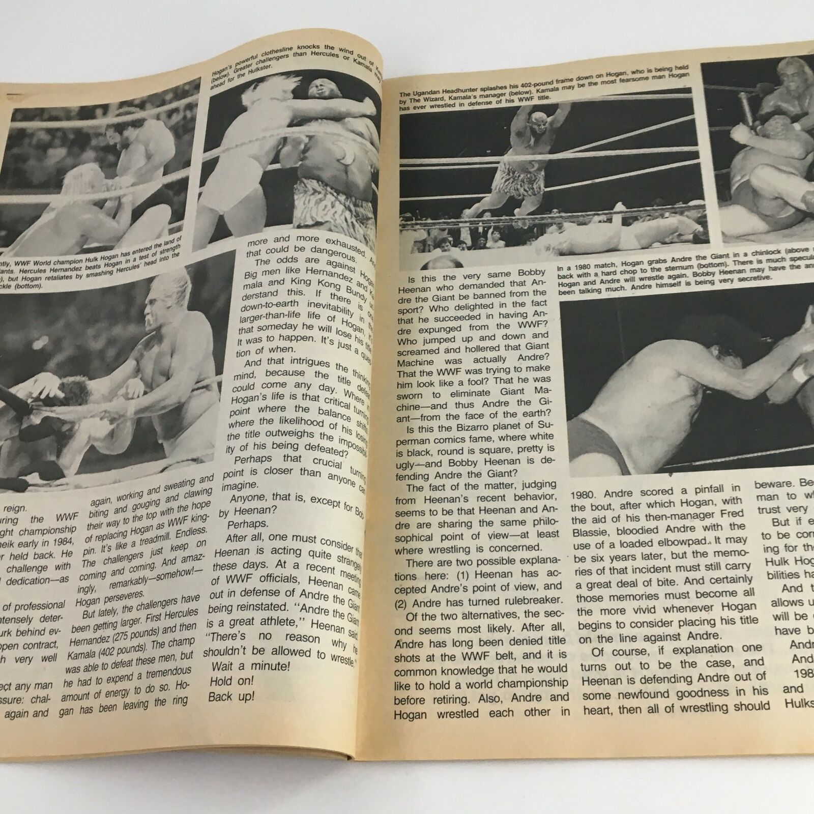 Action shots from wrestling matches featured in The Wrestler Magazine April 1987, illustrating memorable moments with Hulk Hogan.