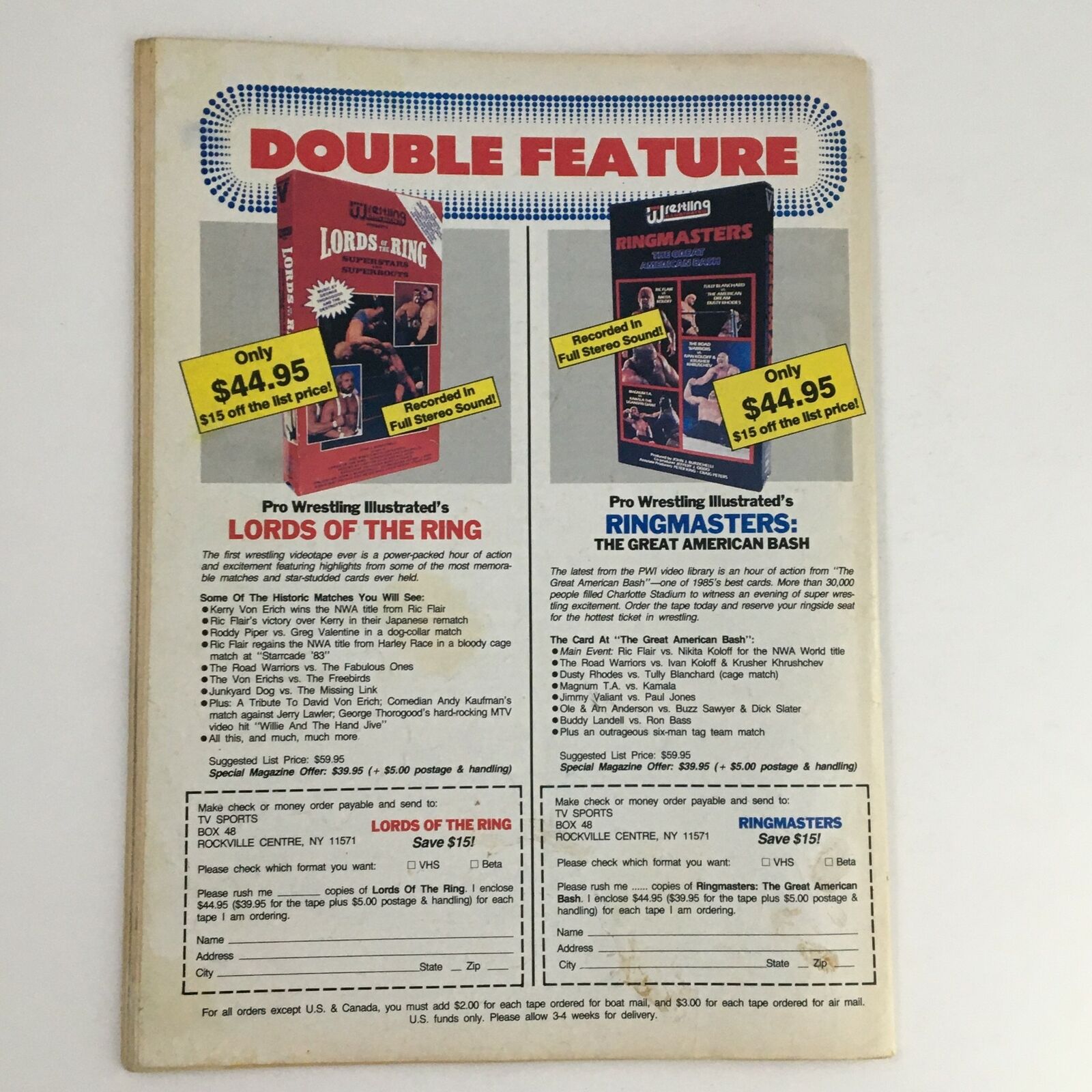 Back cover of The Wrestler Magazine April 1987 featuring a double feature advertisement for Pro Wrestling Illustrated videos 'Lords of the Ring' and 'Ringmasters: The Great American Bash', showcasing pricing details and highlights of wrestling matches.