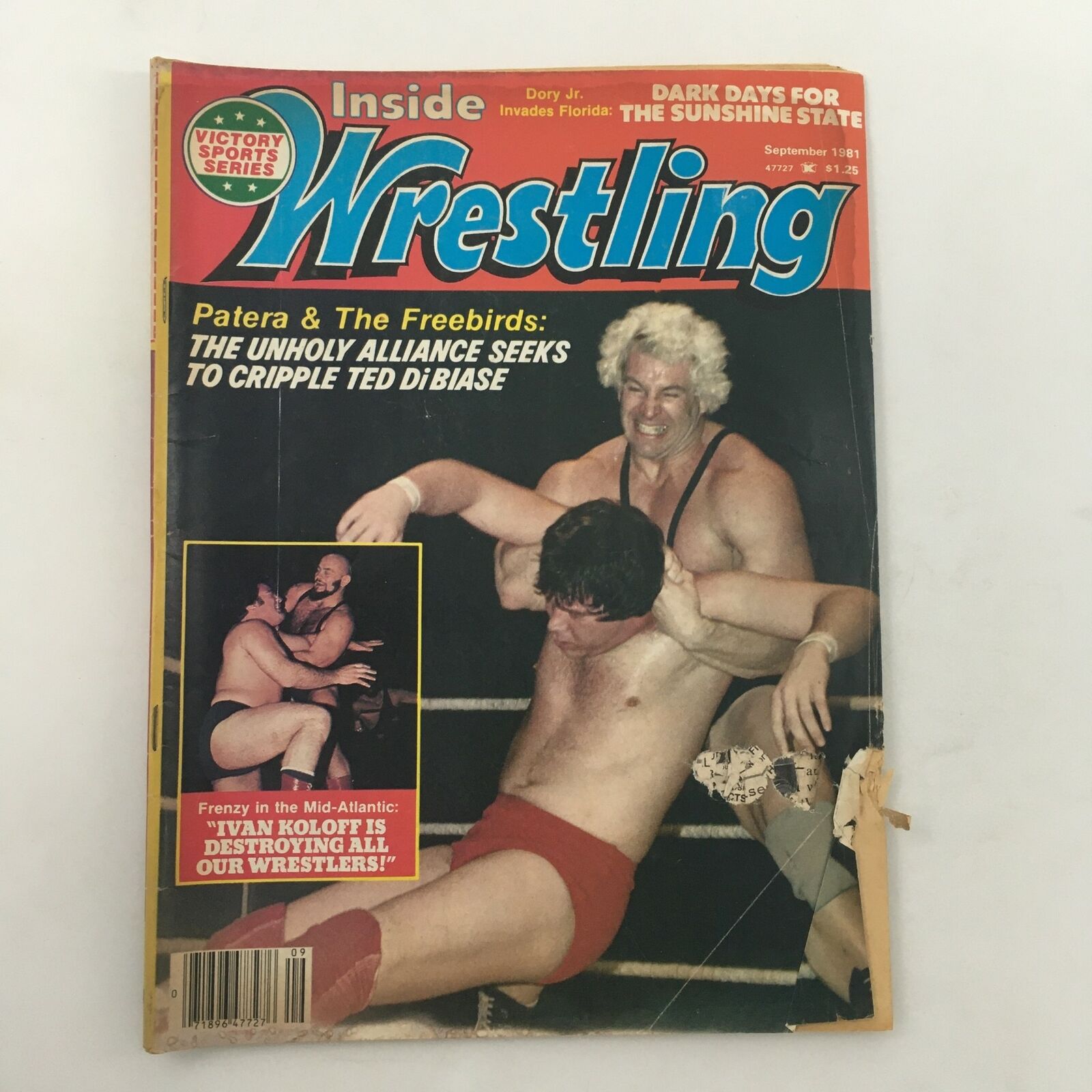 Cover of Inside Wrestling Magazine September 1981 featuring Ken Patera and The Fabulous Freebirds, highlighting the headline about the unholy alliance seeking to cripple Ted DiBiase.