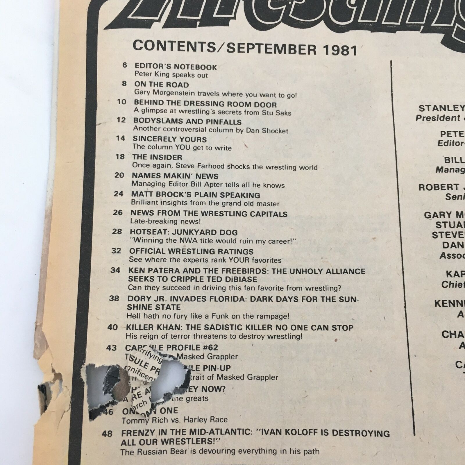 Inside page of Inside Wrestling Magazine September 1981 showing the contents list, including articles on Ken Patera and The Fabulous Freebirds.