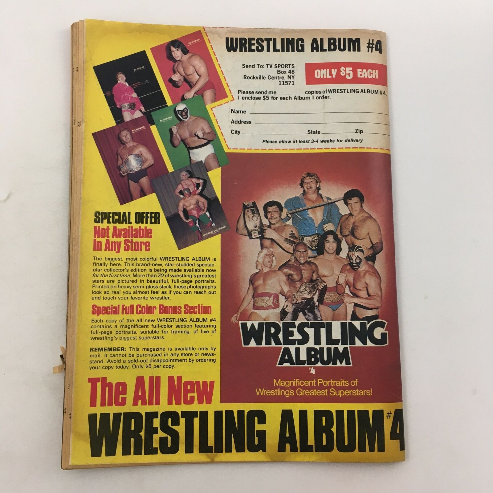 Cover of Inside Wrestling Magazine September 1981 featuring Ken Patera and The Fabulous Freebirds. The magazine is an advertisement for Wrestling Album #4, showcasing various wrestlers.