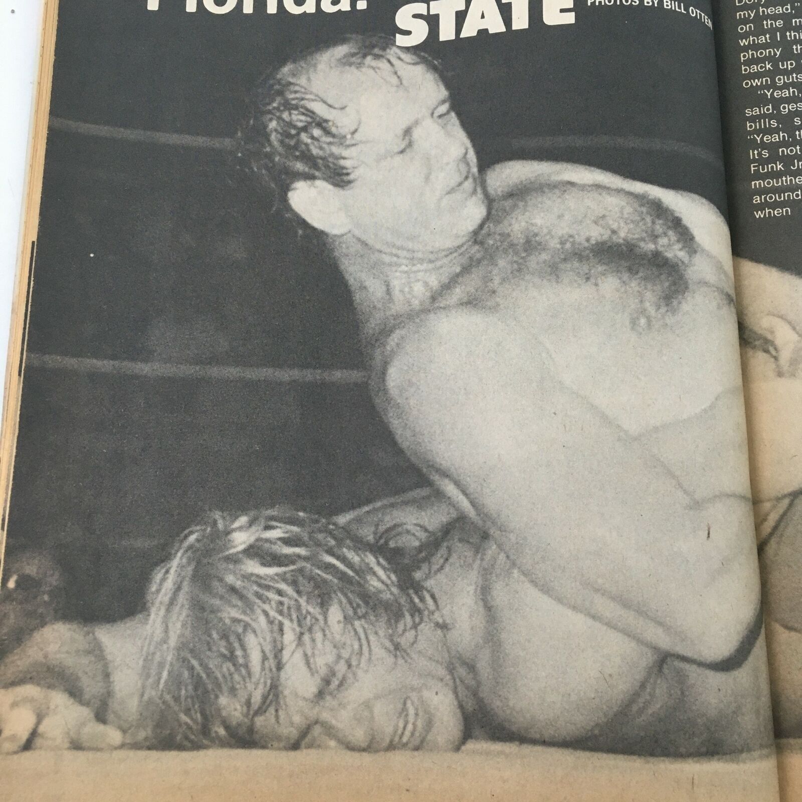 Black and white photo from Inside Wrestling Magazine September 1981 showing a wrestling match. Wrestlers are in action, emphasizing the intense athleticism of the sport.