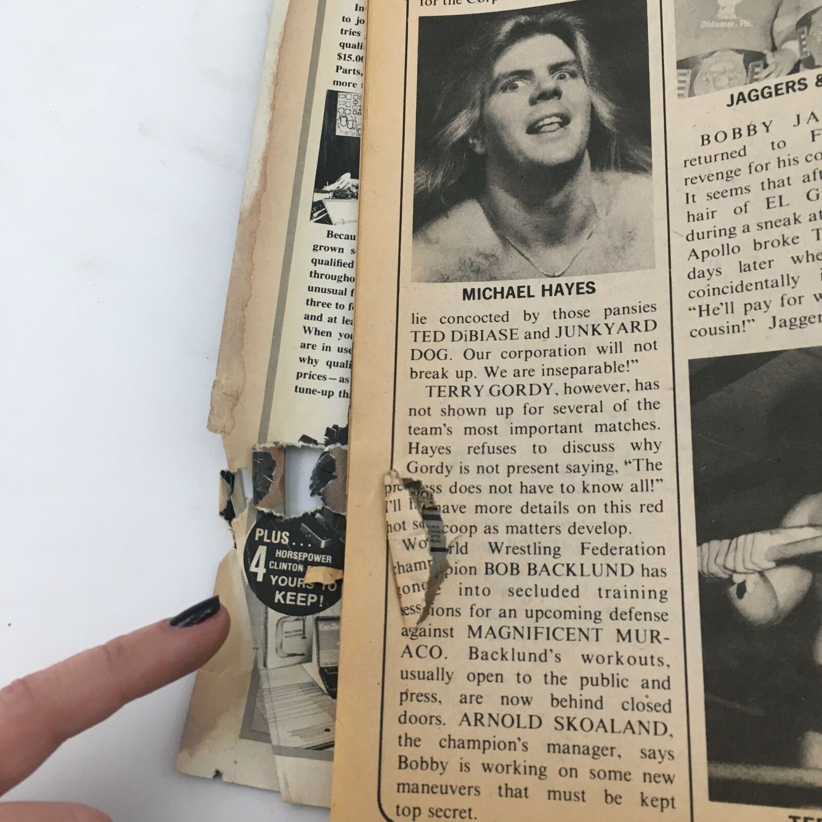 Torn page from Inside Wrestling Magazine September 1981 showing an article about Michael Hayes, illustrating wear and historical significance, emphasizing the nostalgia of classic wrestling publications.