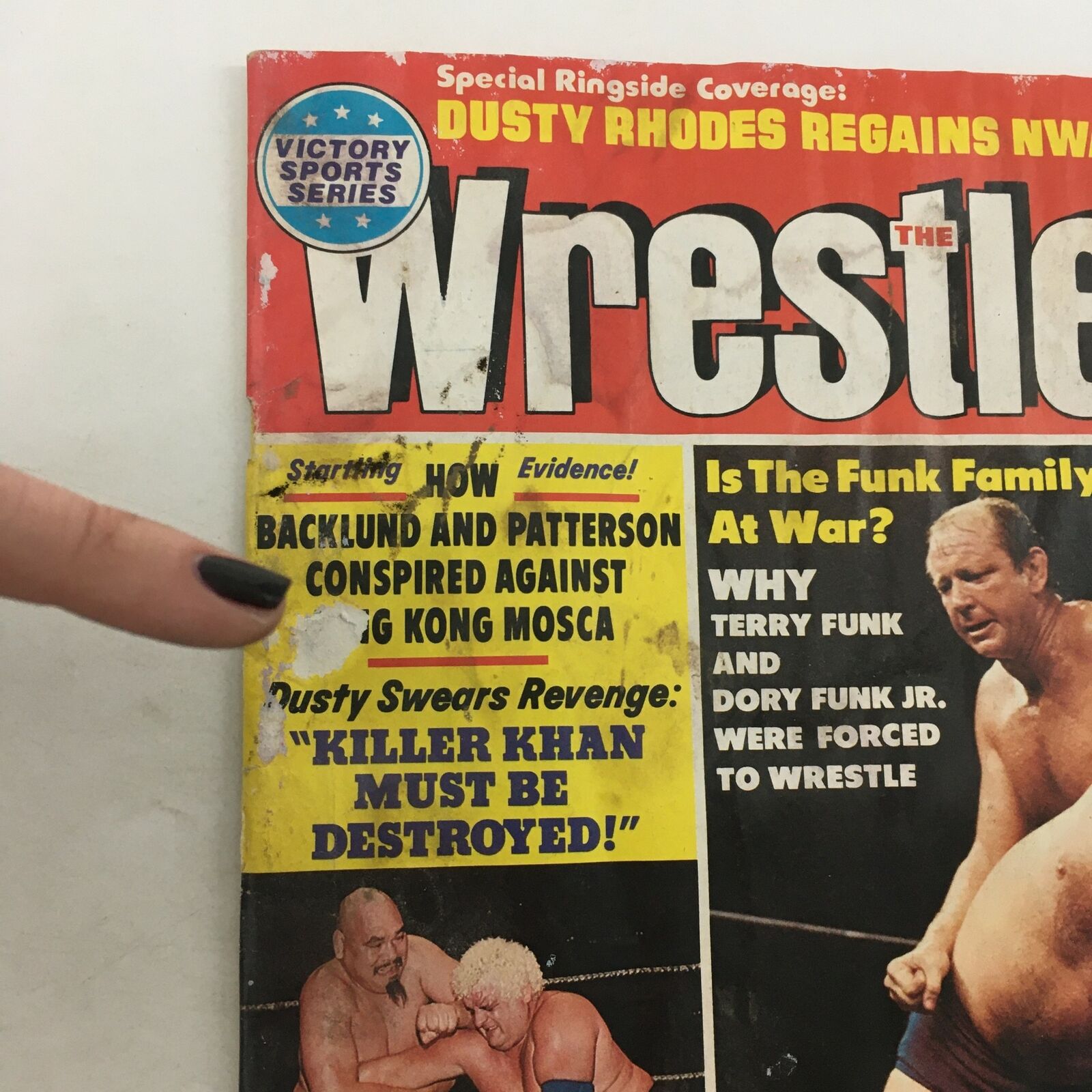 The cover of The Wrestler Magazine October 1981, showcasing Dusty Rhodes and featuring a headline about his revenge on Killer Khan, making it a valuable collectible for wrestling fans.