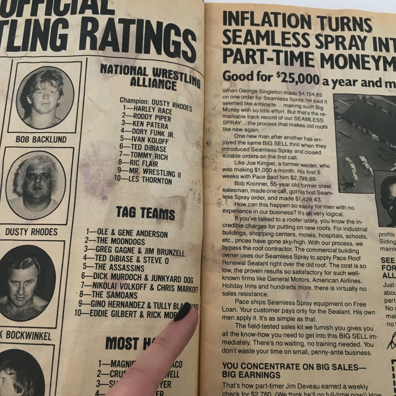 An inside page from The Wrestler Magazine October 1981 showing official wrestling ratings, including Dusty Rhodes at number one, highlighting the competitive landscape of professional wrestling.