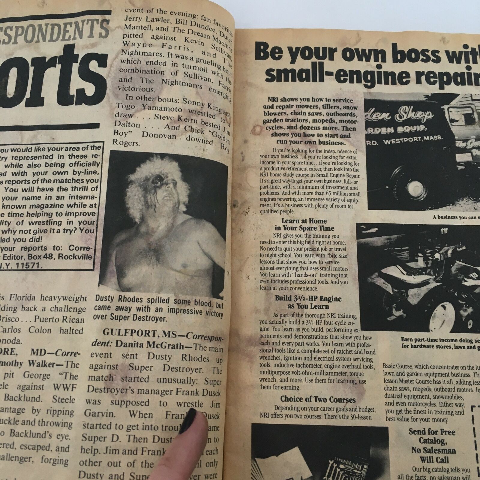 A page from The Wrestler Magazine October 1981 where Dusty Rhodes is featured, sharing a victory report over Super Destroyer, capturing the drama of wrestling narratives from the time.