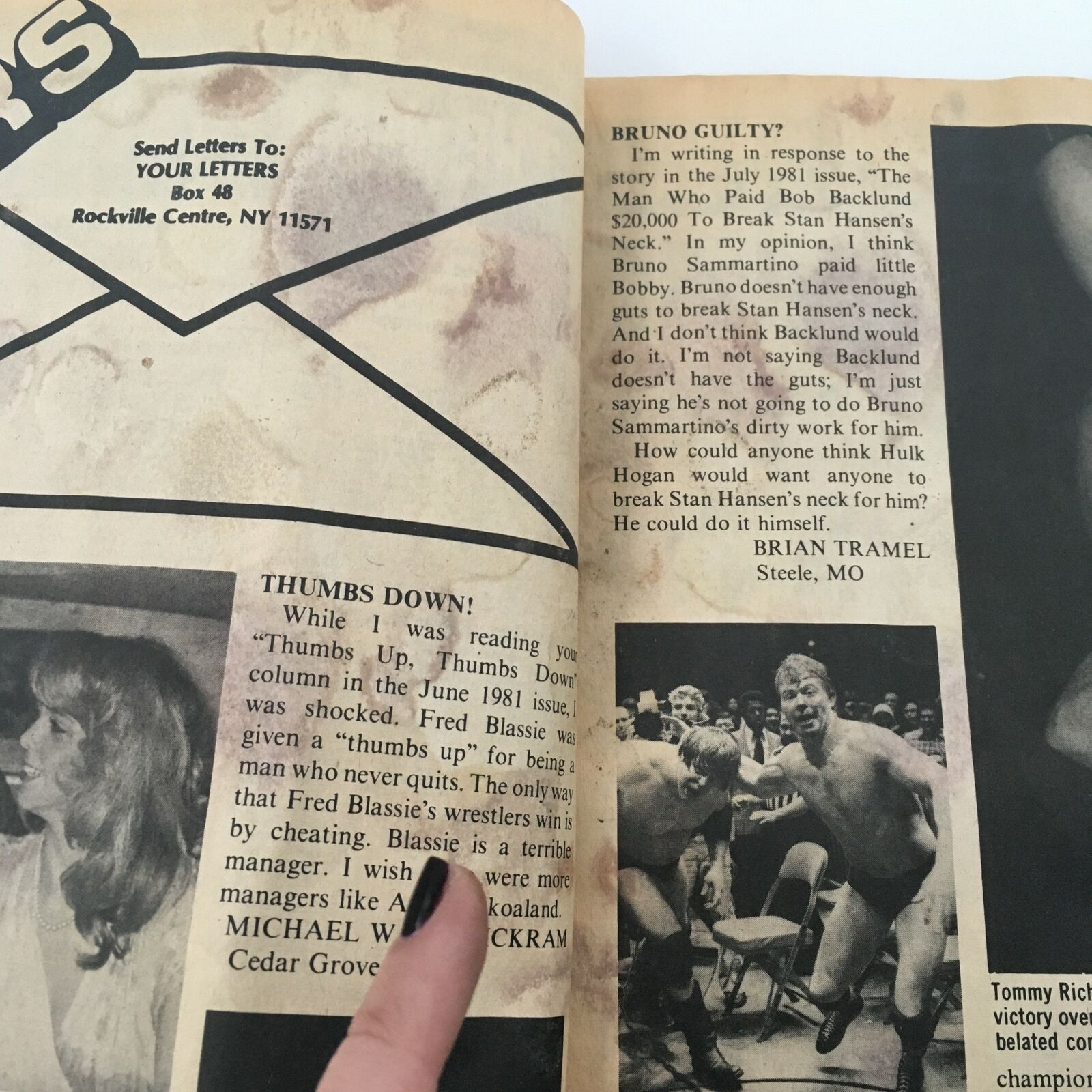 A letter section from The Wrestler Magazine October 1981 discussing controversies in wrestling, reflecting fan engagement and opinions during the early 1980s.