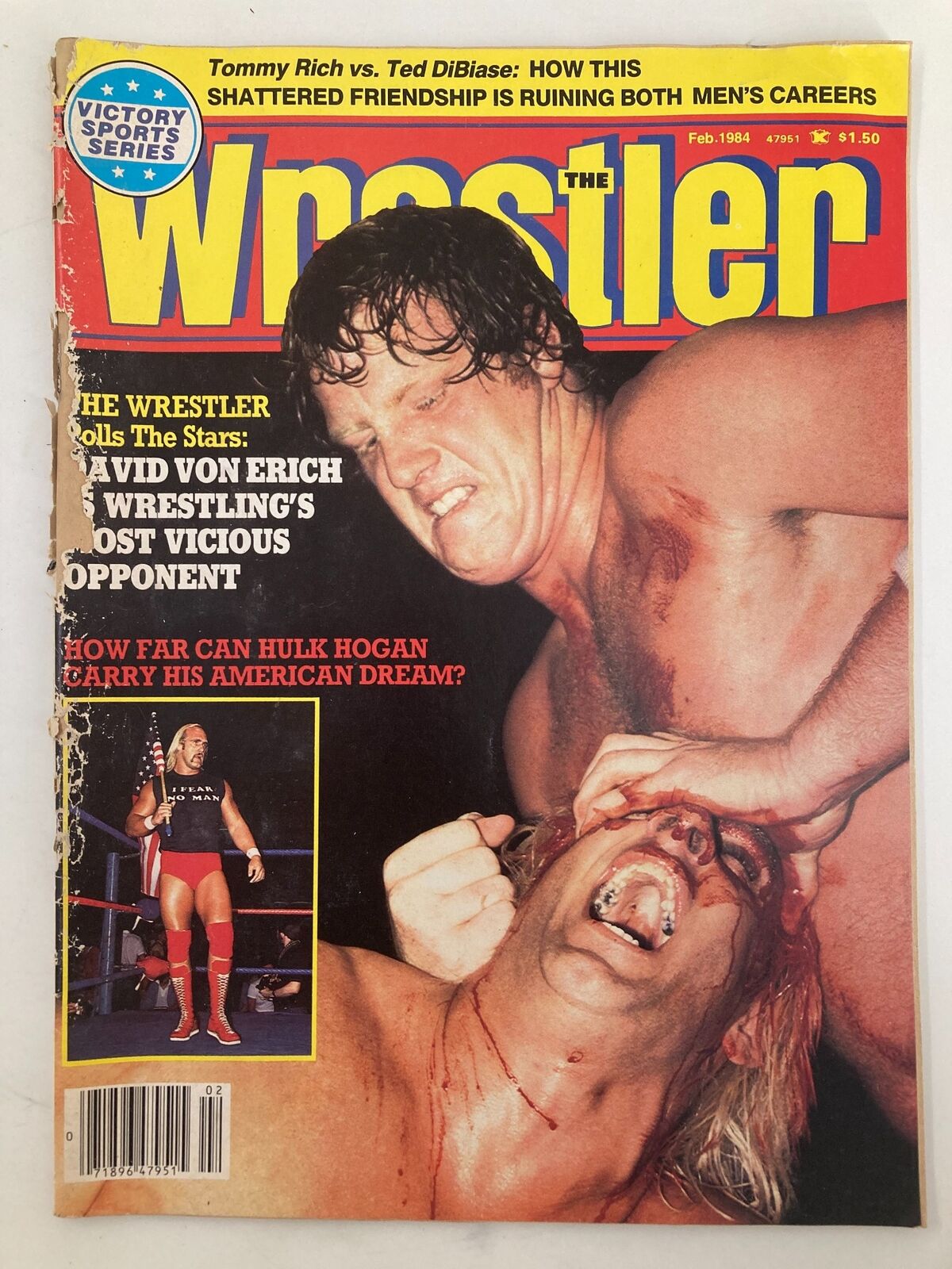 Cover of VTG The Wrestler Magazine, February 1984 featuring Hulk Hogan and David Von Erich in an intense wrestling scene with dramatic expressions. The magazine highlights the main event of the era, with bold text and colorful graphics.