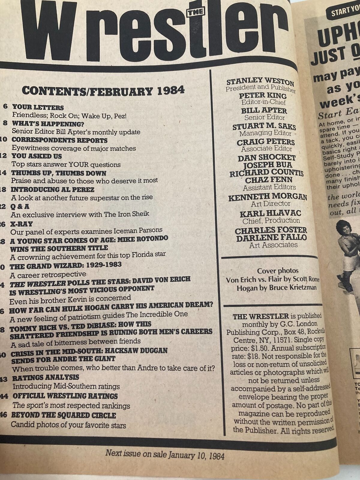 Table of contents for The Wrestler magazine, February 1984, featuring iconic wrestling topics and personalities including Hulk Hogan and David Von Erich.