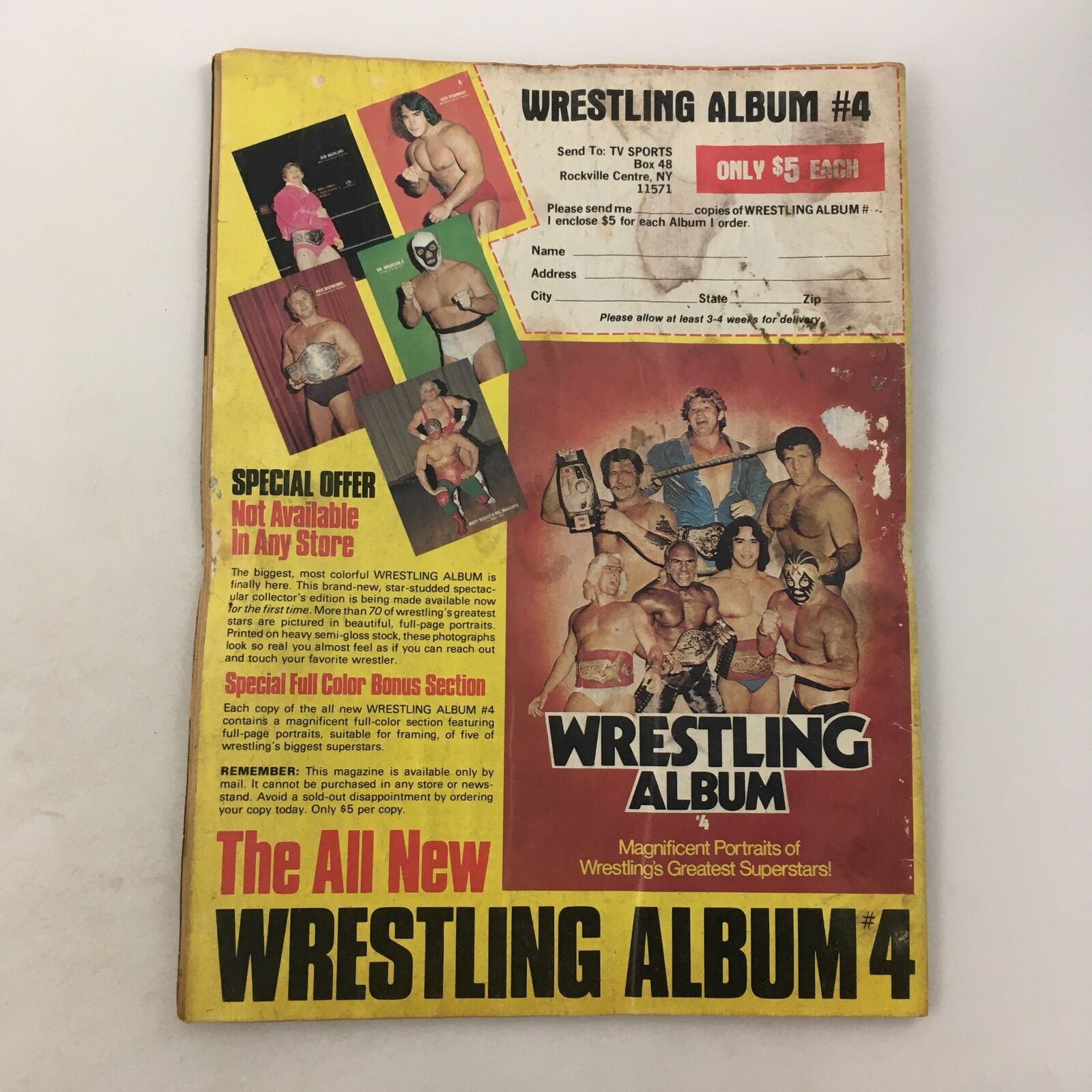 The back cover of The Wrestler Magazine April 1981 advertising Wrestling Album #4, showcasing wrestling superstars and special offers for magazine subscriptions.