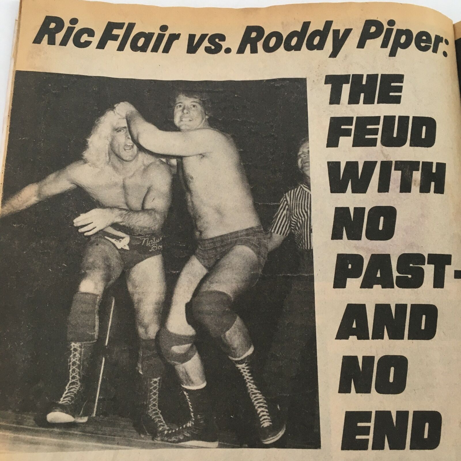 The Wrestler Magazine April 1981 cover featuring a wrestling match between Ric Flair and Roddy Piper titled 'The Feud with No Past and No End'.