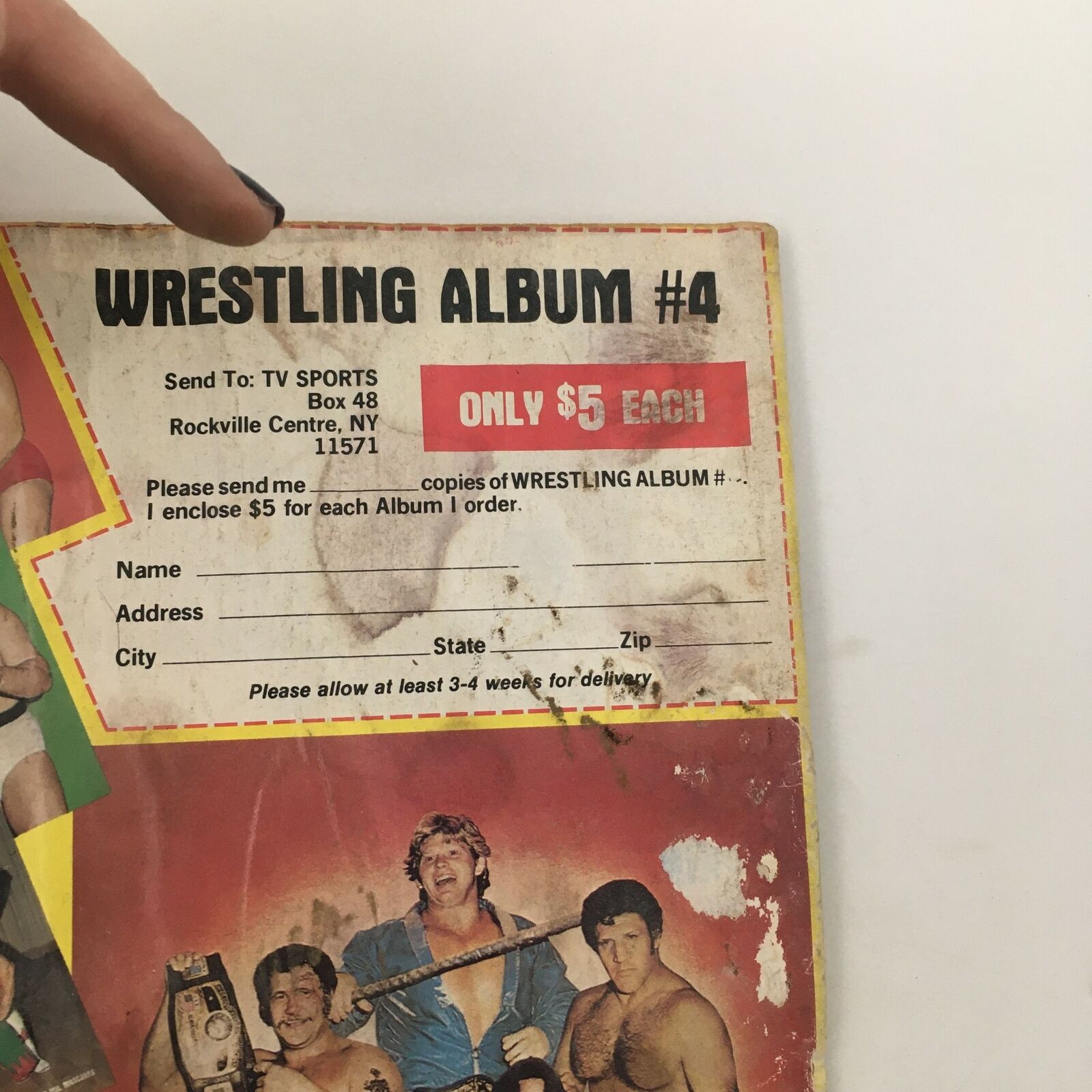 Back cover of The Wrestler Magazine April 1981 showing an advertisement for 'Wrestling Album #4', priced at $5, with a form for ordering.