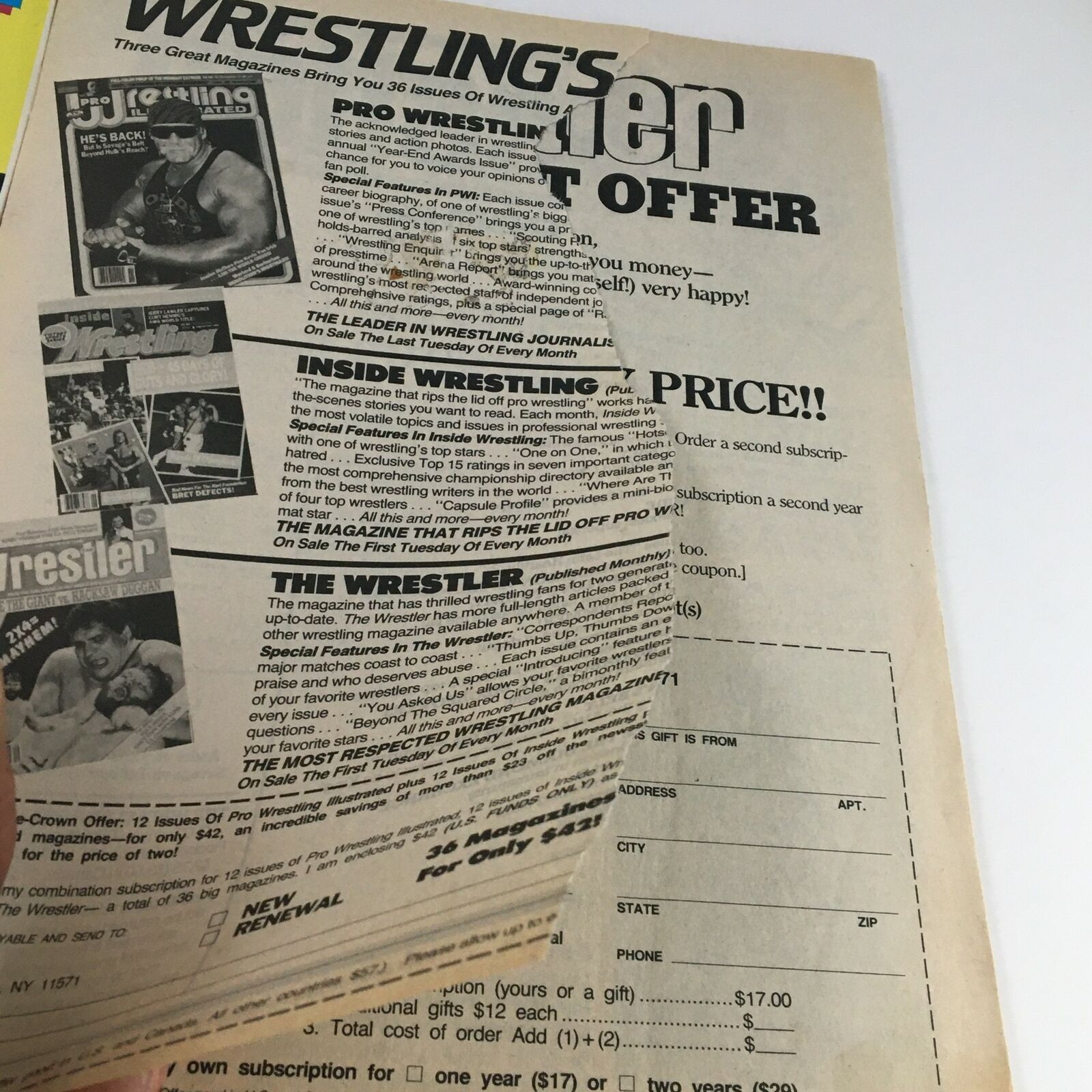 The back cover of The Wrestler December 1988, showcasing subscription offers and other wrestling magazine promotions.
