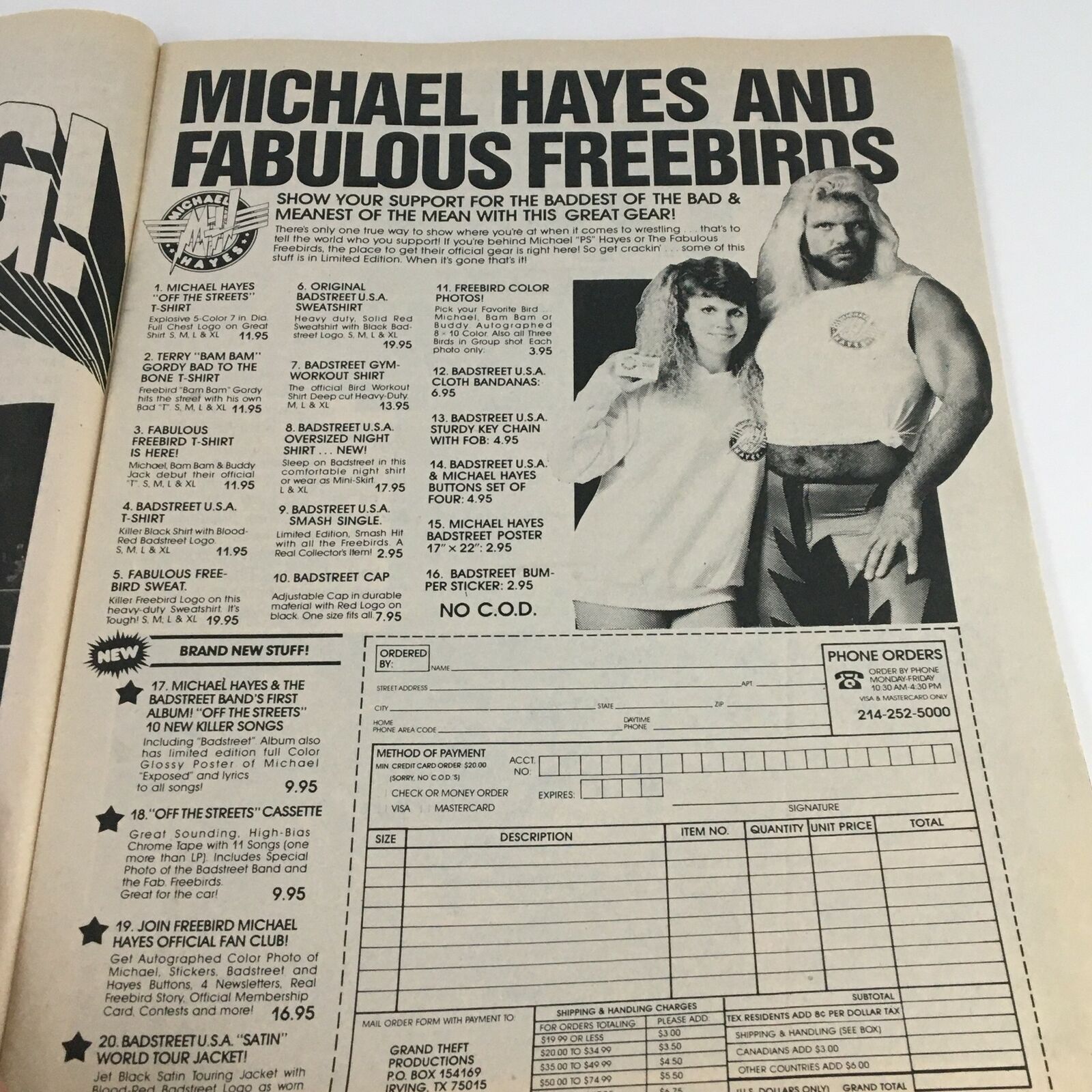 Promotional page from The Wrestler, December 1988, featuring Michael Hayes and Fabulous Freebirds merchandise including T-shirts and accessories.