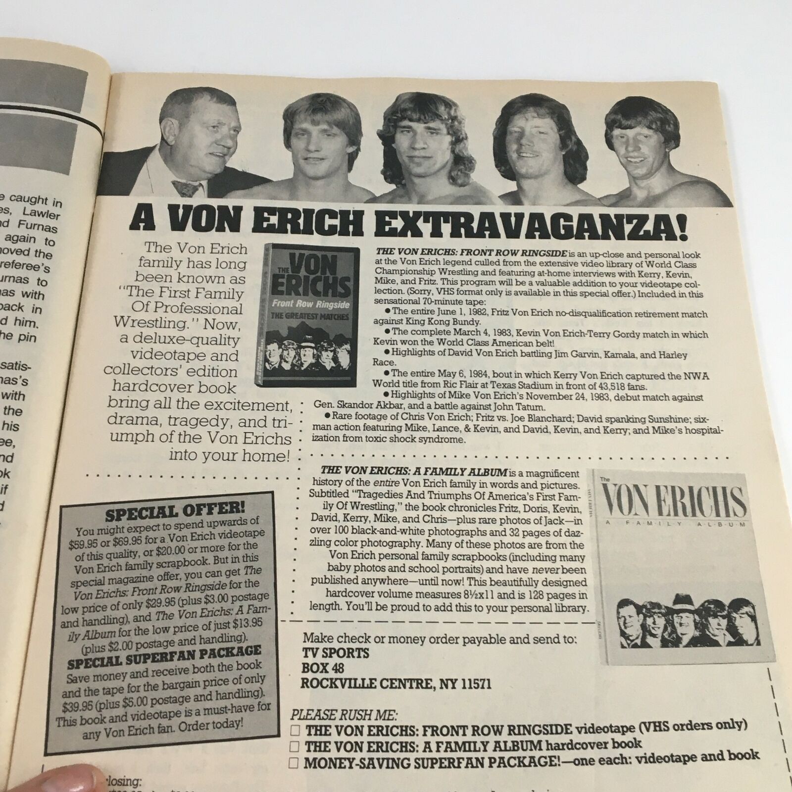 Content page from The Wrestler, December 1988, showcasing the Von Erich family and related wrestling memorabilia offers.